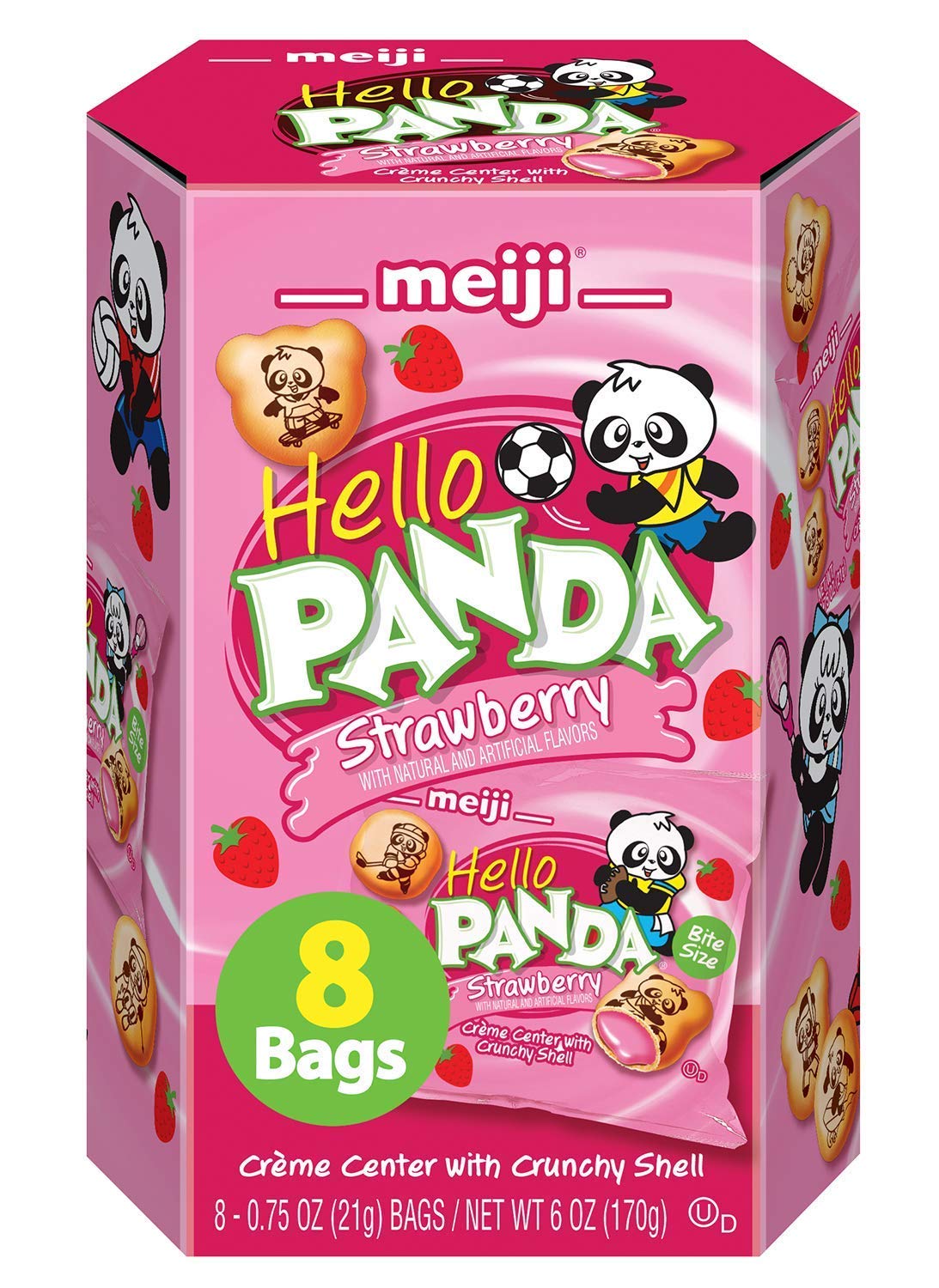 Meiji Hello Panda Strawberry Crème Filled Bite-Sized Cookies - 6oz (Pack of 8, 64 Bags Total) - Fun Panda Sports Design - Perfect for School Lunches, Snack Time & Party Favors