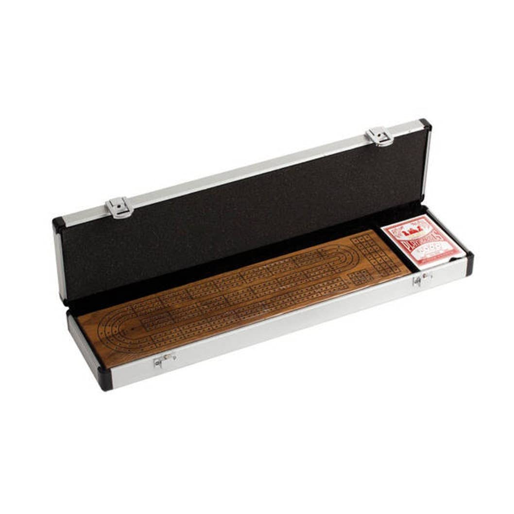 Premium CHH 3-Track Walnut Wood Cribbage Board Game Set with Aluminum Carrying Case - Perfect for Travel, Camping & Family Game Nights