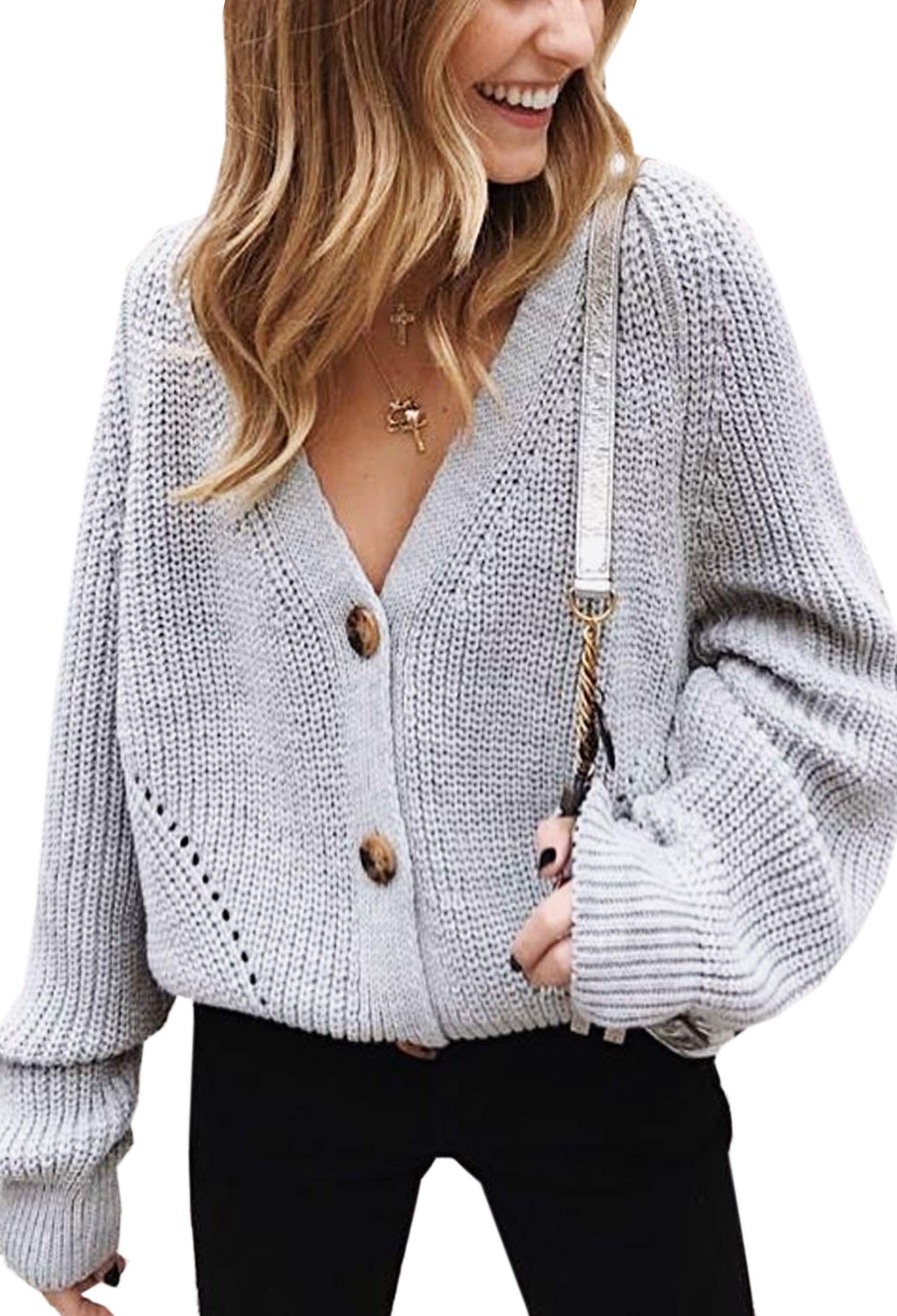 Angashion Women's V-Neck Button Down Long Sleeve Cable Knit Cardigan Sweater - Cozy Fall Winter Outerwear for Office, Date Night & Casual Outfits