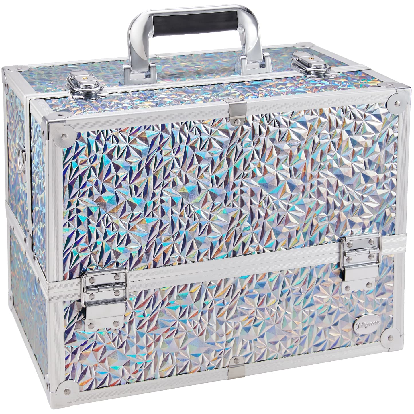 Professional Makeup Train Case with 6 Trays & Lock - Large Cosmetic Organizer Box for Artists & Stylists | Adjustable Dividers, Carrying Strap | Silver Holographic Iridescent Style | Perfect for Salon, Travel & On-Site Makeup Services