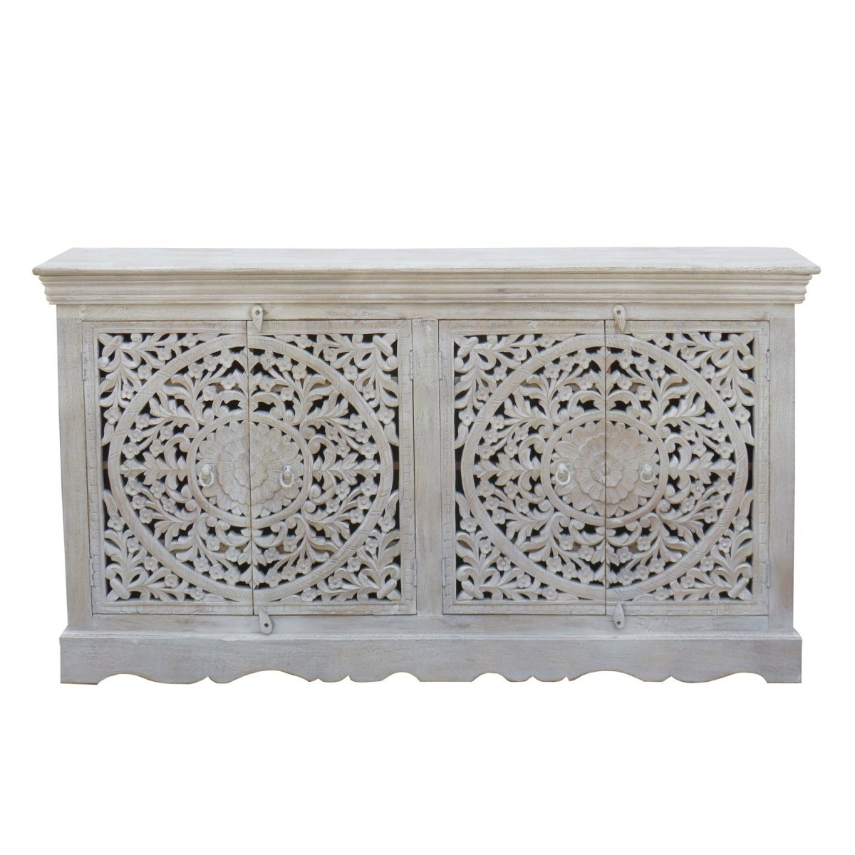 Hand Carved Wooden Four Door Sideboard - Handmade Indian Design Buffet Table for Dining Room, Living Room & Entryway Storage | Solid Wood Cabinet with Traditional Carvings
