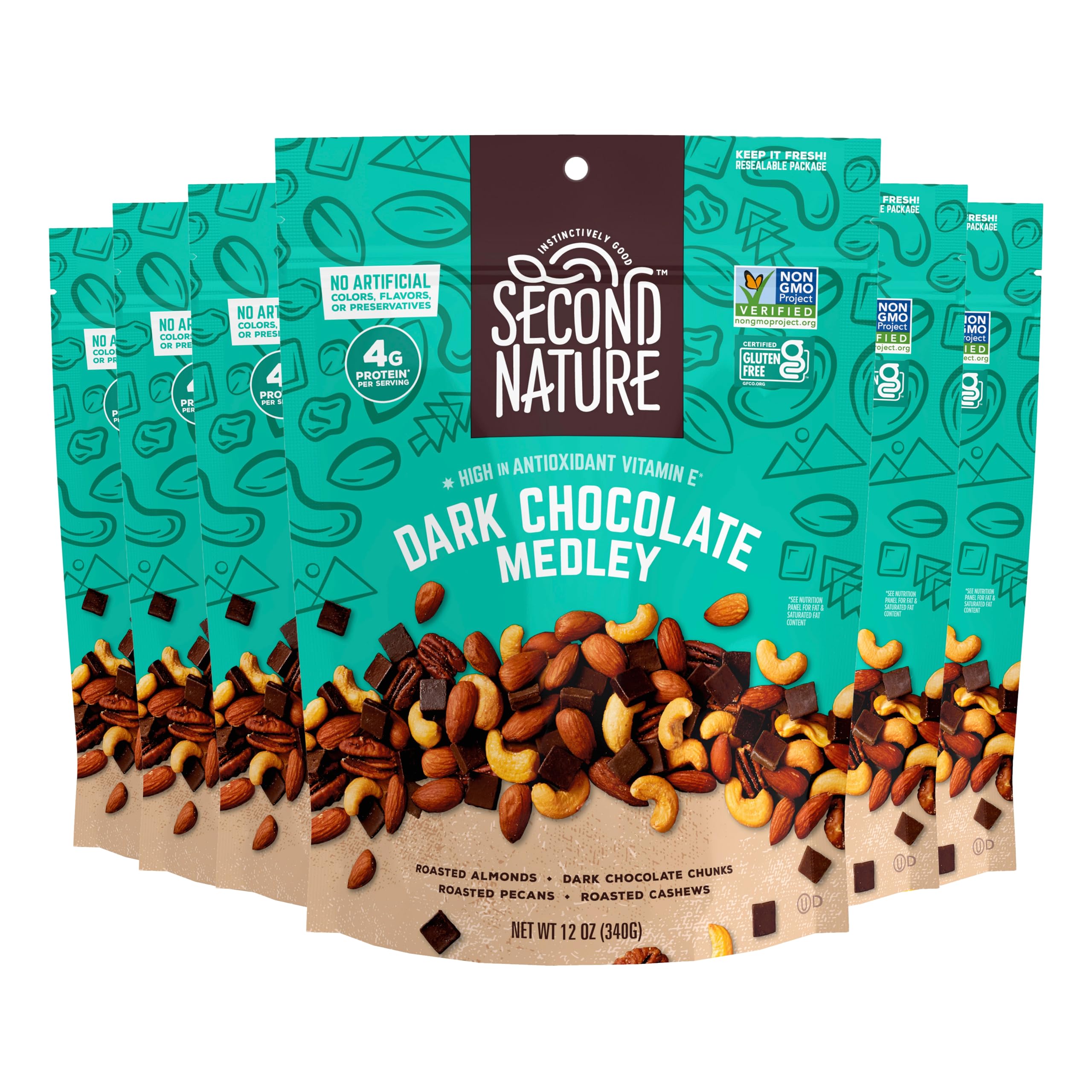 Second Nature Dark Chocolate Medley Trail Mix, 12 oz. Resealable Pouch (Pack of 6) – Gluten-Free Certified – Healthy Snack with Nuts & Dark Chocolate – Perfect for Hiking, Office Snacks, Travel & On-the-Go Energy Boost