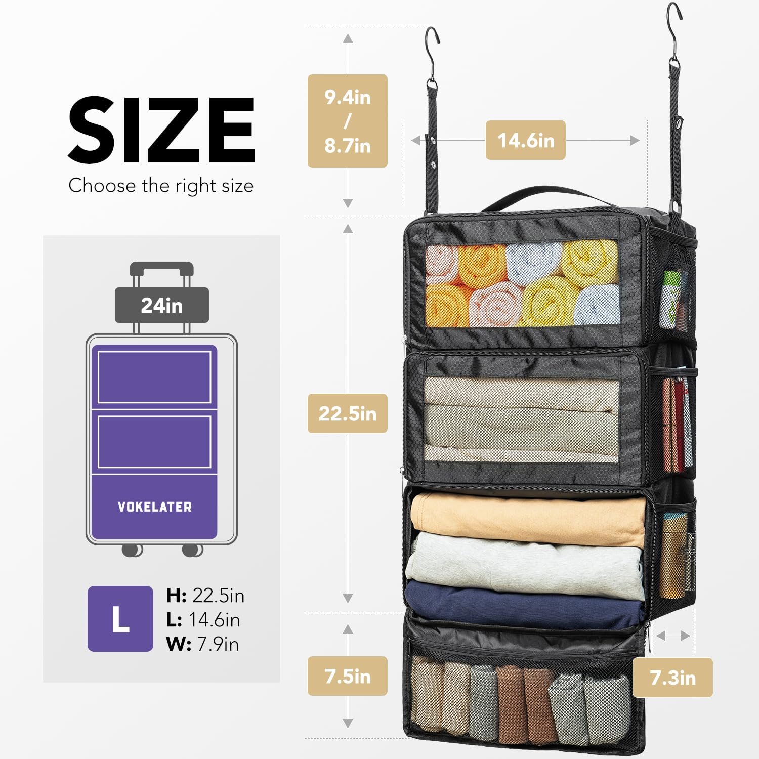 Premium Hanging Travel Organizer for Luggage - Portable Suitcase Packing Cubes with Shelves | Cruise Ship Essentials Storage | Large Black Carry-On Organizer for Clothes, Toiletries & Travel Accessories | Perfect for Business Trips, Vacations & Weekend Getaways
