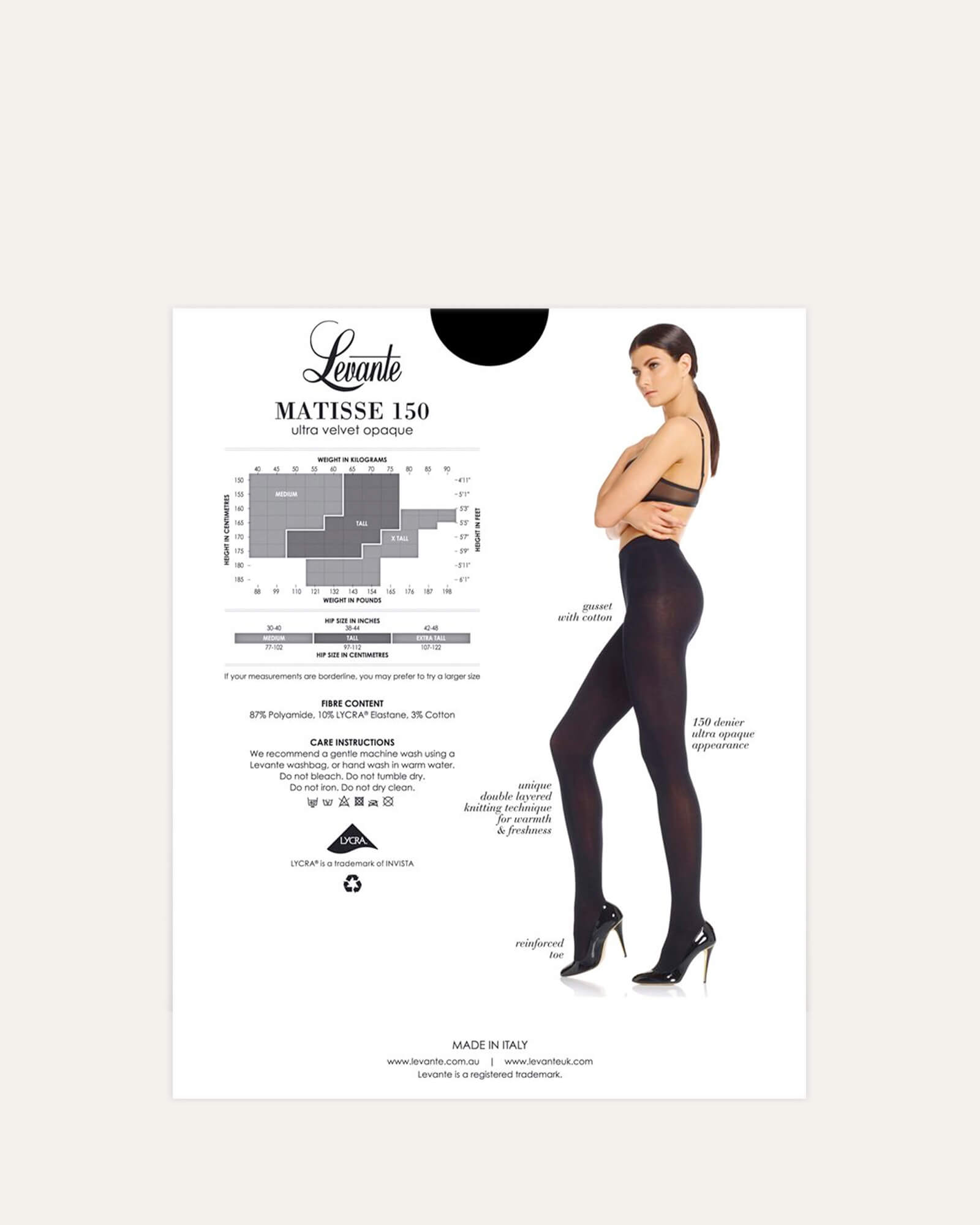 LEVANTE MATISSE 150 Denier Opaque Tights for Women - High Waist Control Tights, Black - Perfect for Work, Yoga & Everyday Wear
