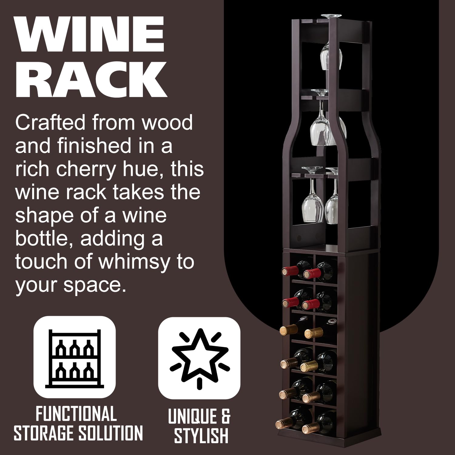 Kings Brand Granger Freestanding Wine Rack with Glass Holder - 12 Bottle Capacity & 3 Stemware Racks - Dark Cherry Wood Floor Standing Wine Storage for Home Bar, Kitchen, Dining Room - Perfect for Wine Enthusiasts & Entertaining Guests
