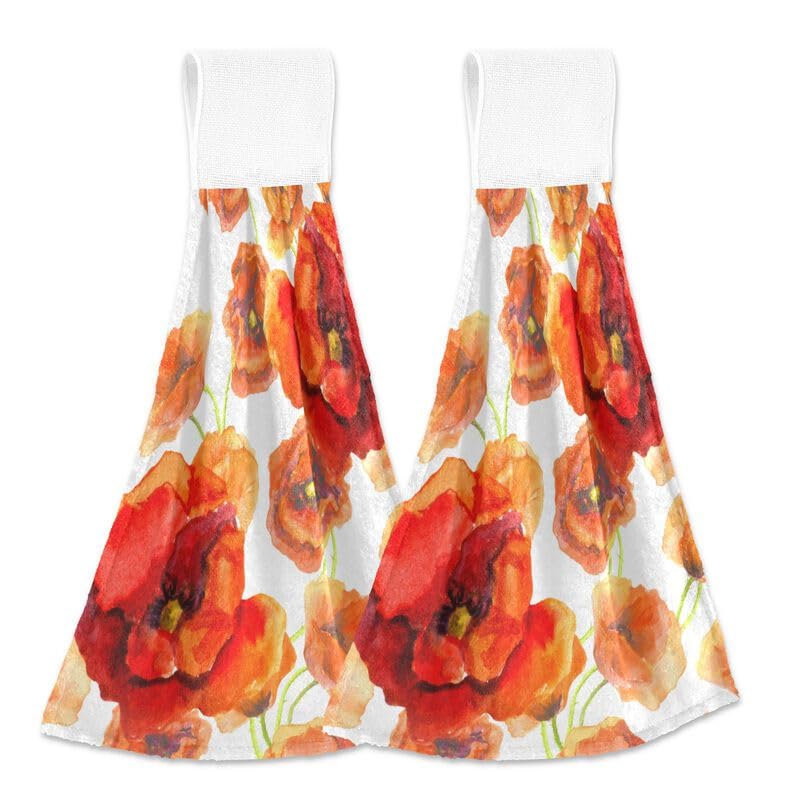 Red Poppy Flower Hanging Kitchen Towels - 2 Pack Colorful Floral Hand Towels | Absorbent Dish Cloths with Loops for Oven, Stove & Bathroom | Summer Home Decor Kitchen Accessories | Perfect for Cooking, Cleaning & Farmhouse Style Decor
