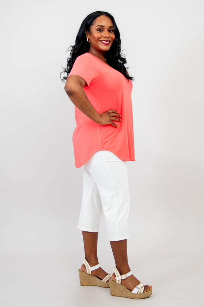 Jackie Women's Short Sleeve Summer Top - Coral Bamboo V-Neck Blouse for Casual Wear & Beach Outings