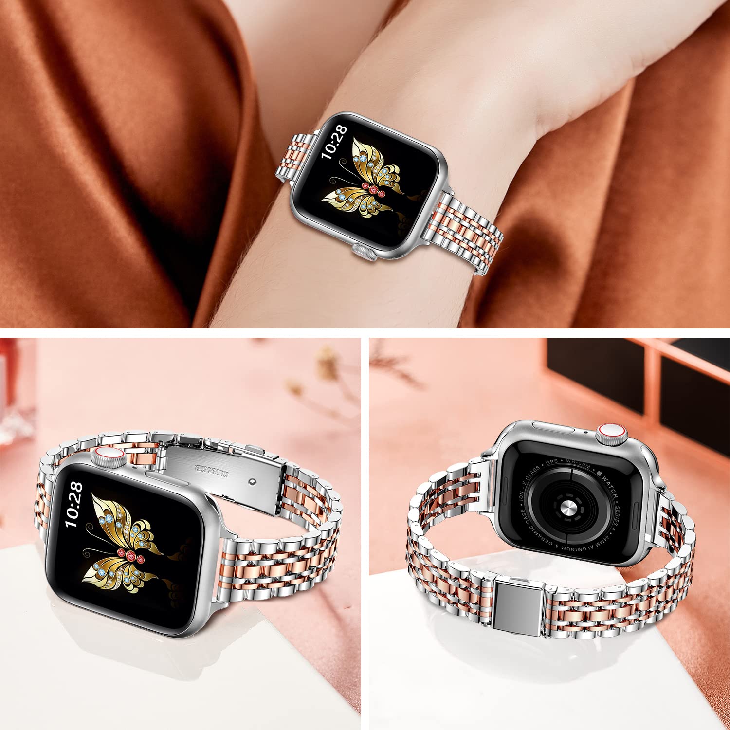 Slim Metal Band Compatible with Apple Watch Series 10/9/8/7/6/5/4/3/2/1/SE/Ultra 2 - 49mm 46mm 45mm 44mm 42mm Stainless Steel Strap for Women & Men - Silver & Rose Gold Options | Perfect for Workouts, Office Wear & Everyday Fashion Accessory