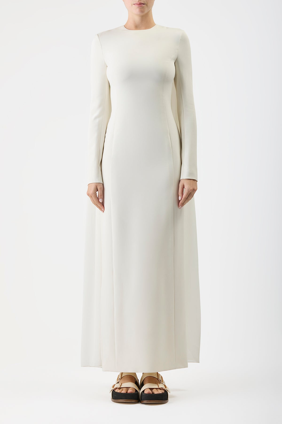 Carlota Ivory Silk Wool Cady Draped Maxi Gown - Elegant Formal Dress for Weddings, Galas & Evening Events