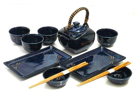 Premium Japanese Sushi Set - 11-Piece Blue Dragonfly Ceramic Sushi Plates & Tea Cups for Two | Authentic Handcrafted Dinnerware | Perfect for Date Nights, Japanese Themed Parties & Home Dining Experiences