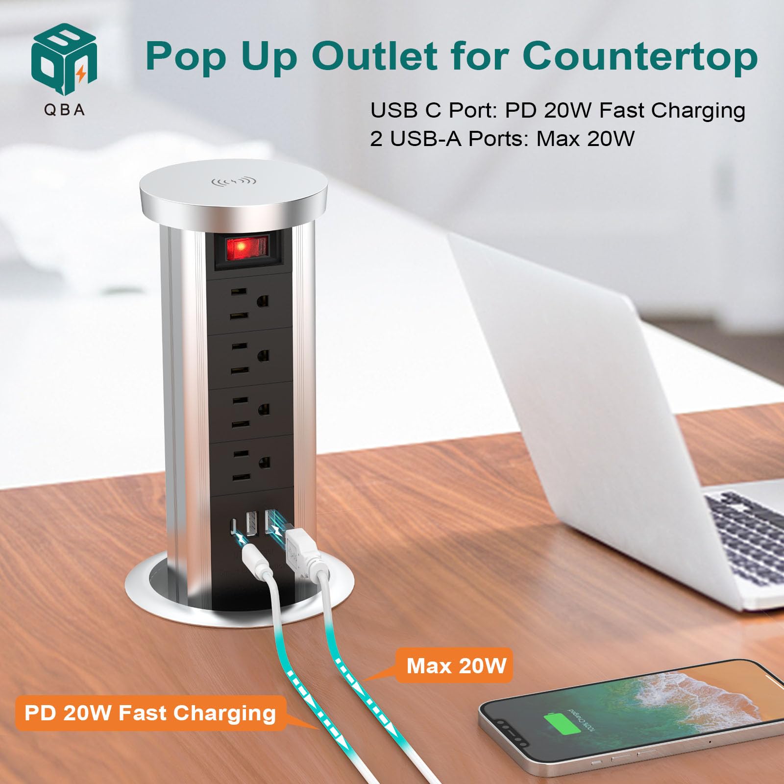 QBA Pop Up Outlet with 20W USB-C & 10W Wireless Charger - 4 AC Outlets & 3 USB Ports Recessed Power Strip for Kitchen Island, Office, Countertop - Flush Mount Electrical Outlet (Black) | Perfect for Home, Office & Coffee Shop Charging Stations