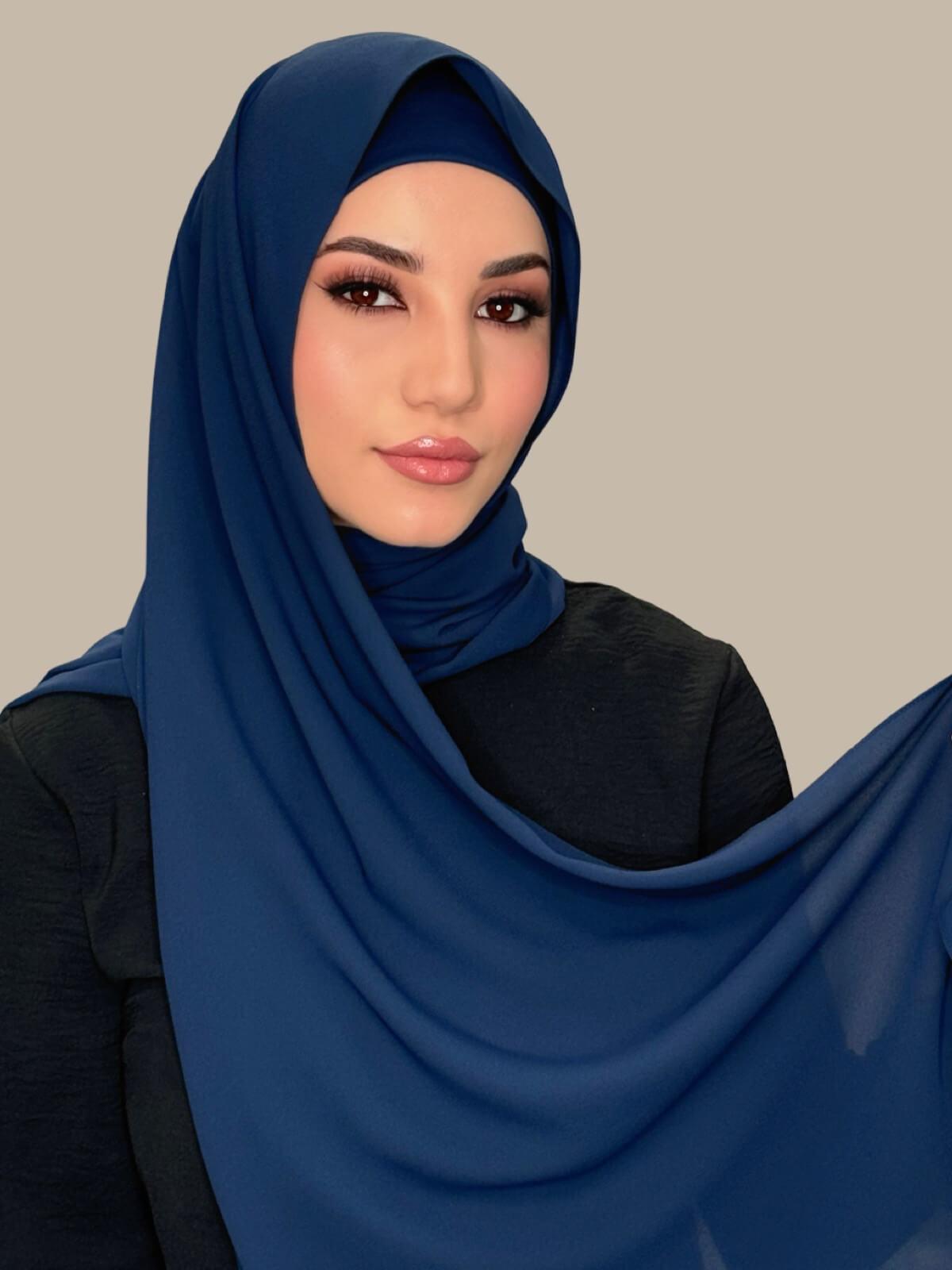Elegant Navy Blue Chiffon Hijab Set - Soft & Breathable Scarf for Women - Perfect for Daily Wear, Prayer, and Special Occasions
