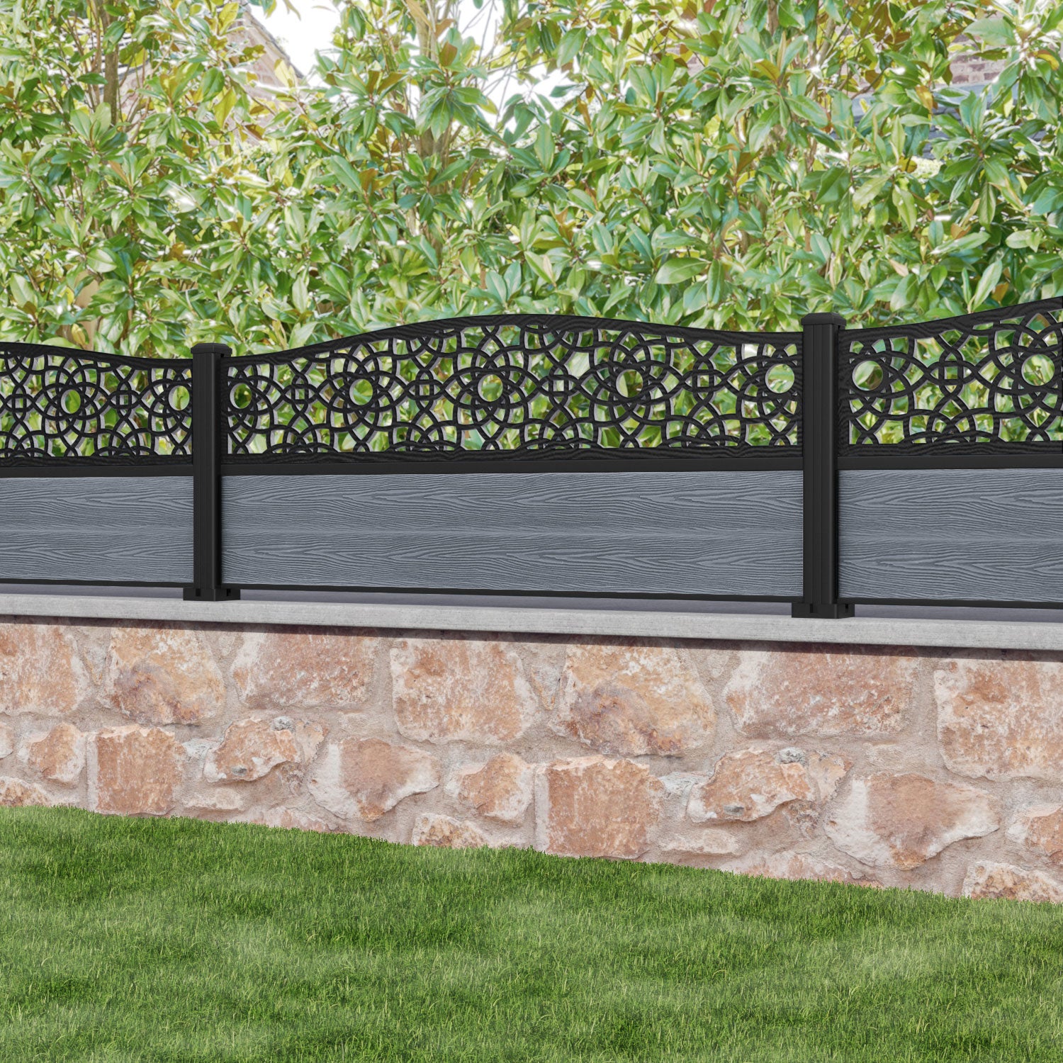 Classic Ambar Curved Top Fence Panel - Anthracite Color with Aluminum Posts | Durable Garden Fencing for Backyard Privacy and Decoration