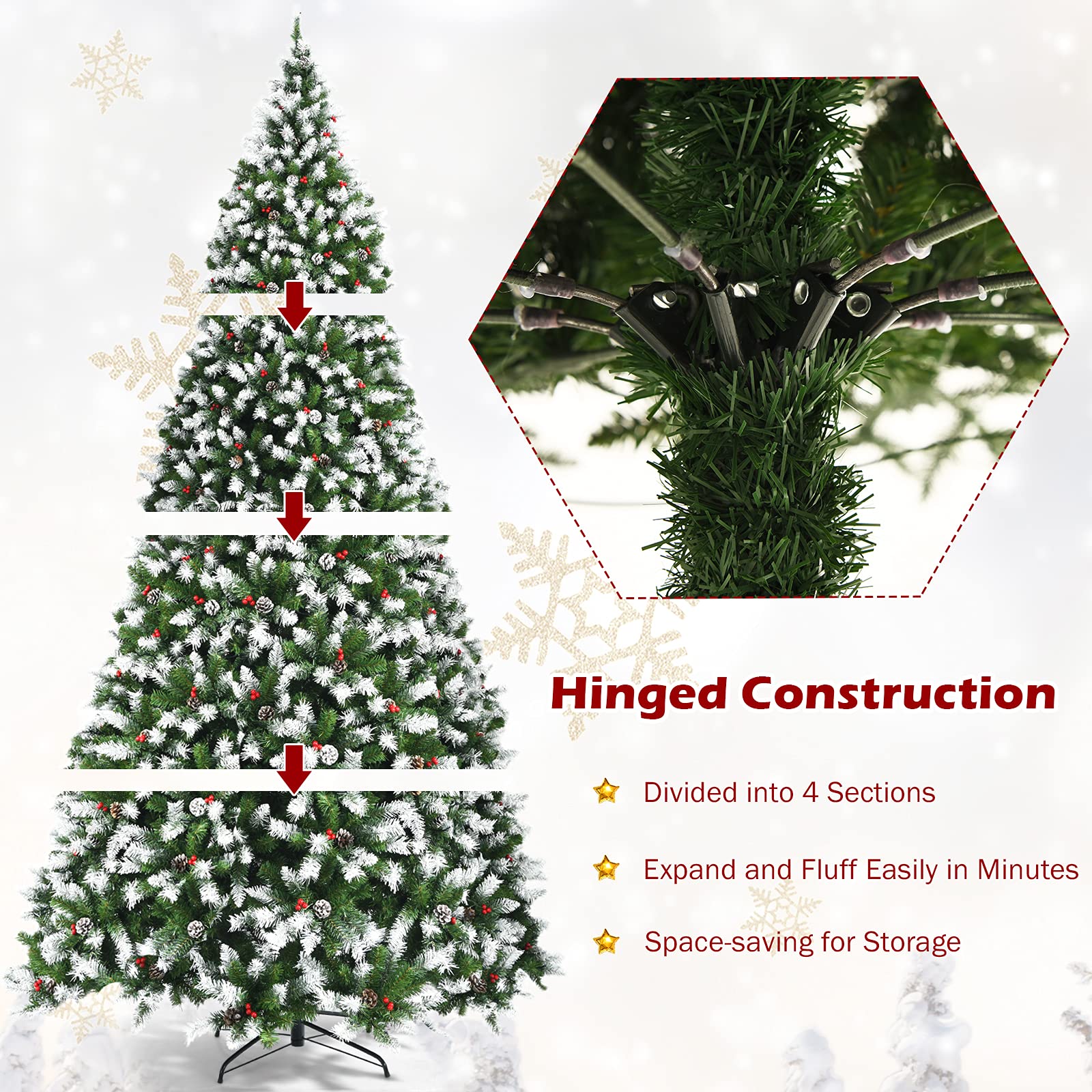 Goplus 9ft Pre-lit Artificial Christmas Tree with Snow Flocked Branches, Pine Cones & Red Berries - 900 Warm White LED Lights, 8 Lighting Modes for Indoor Holiday Decor - Perfect for Living Room, Office & Christmas Party Decoration