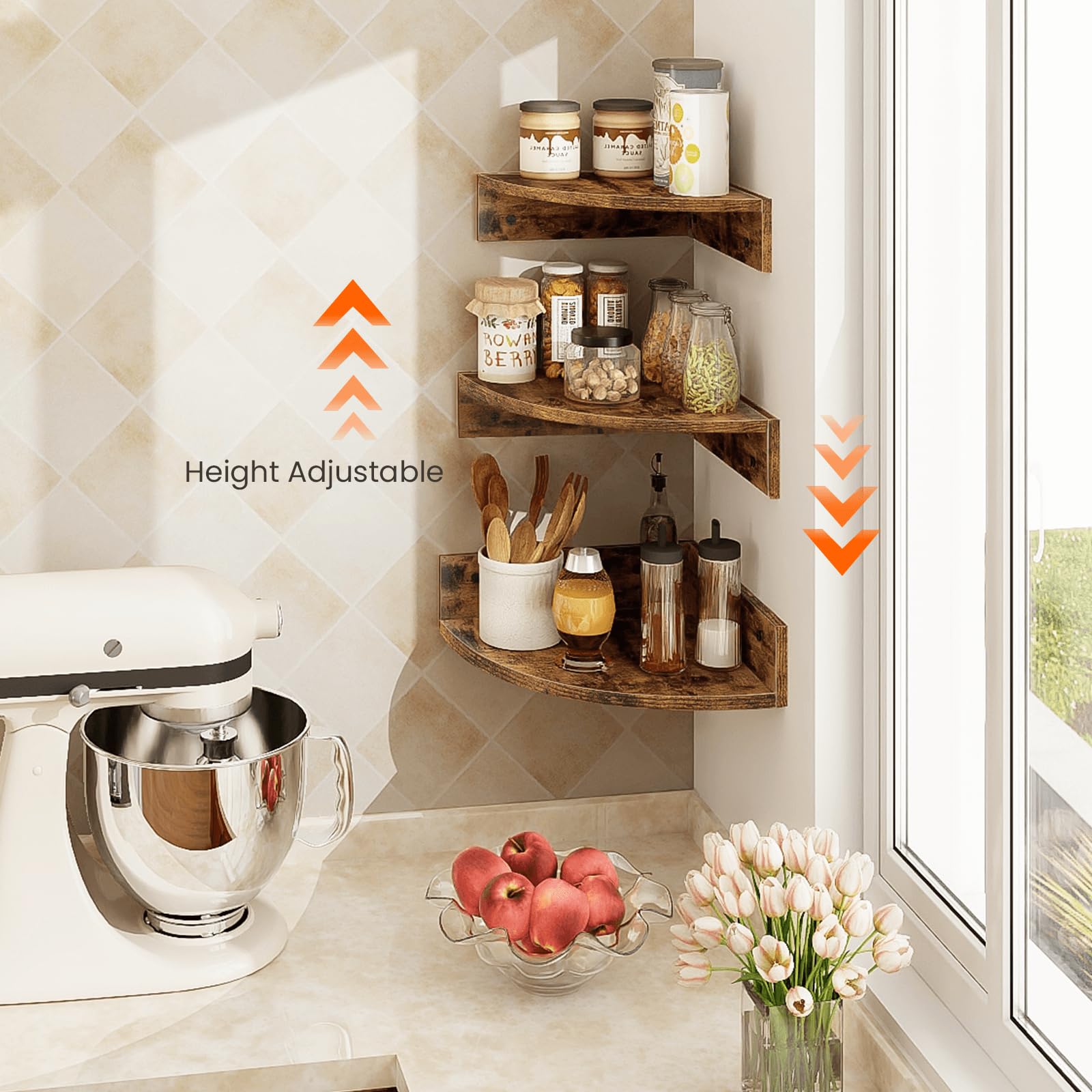 Homode 3-Tier Floating Corner Shelf Set - Rustic Brown & Black Wall Mount Shelves with Cord Hole for Bathroom, Living Room, Kitchen & Bedroom - Perfect for Displaying Decor, Storing Essentials & Organizing Small Spaces