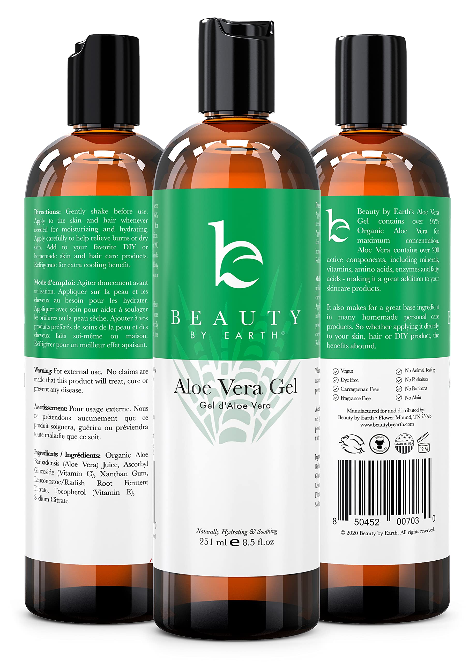 Organic Aloe Vera Gel for Face, Hair & Skin - USA Made with Natural Ingredients, Vitamin C & E - Soothing & Cooling for Sunburn Relief, After Sun Care, Face Masks & Daily Hydration