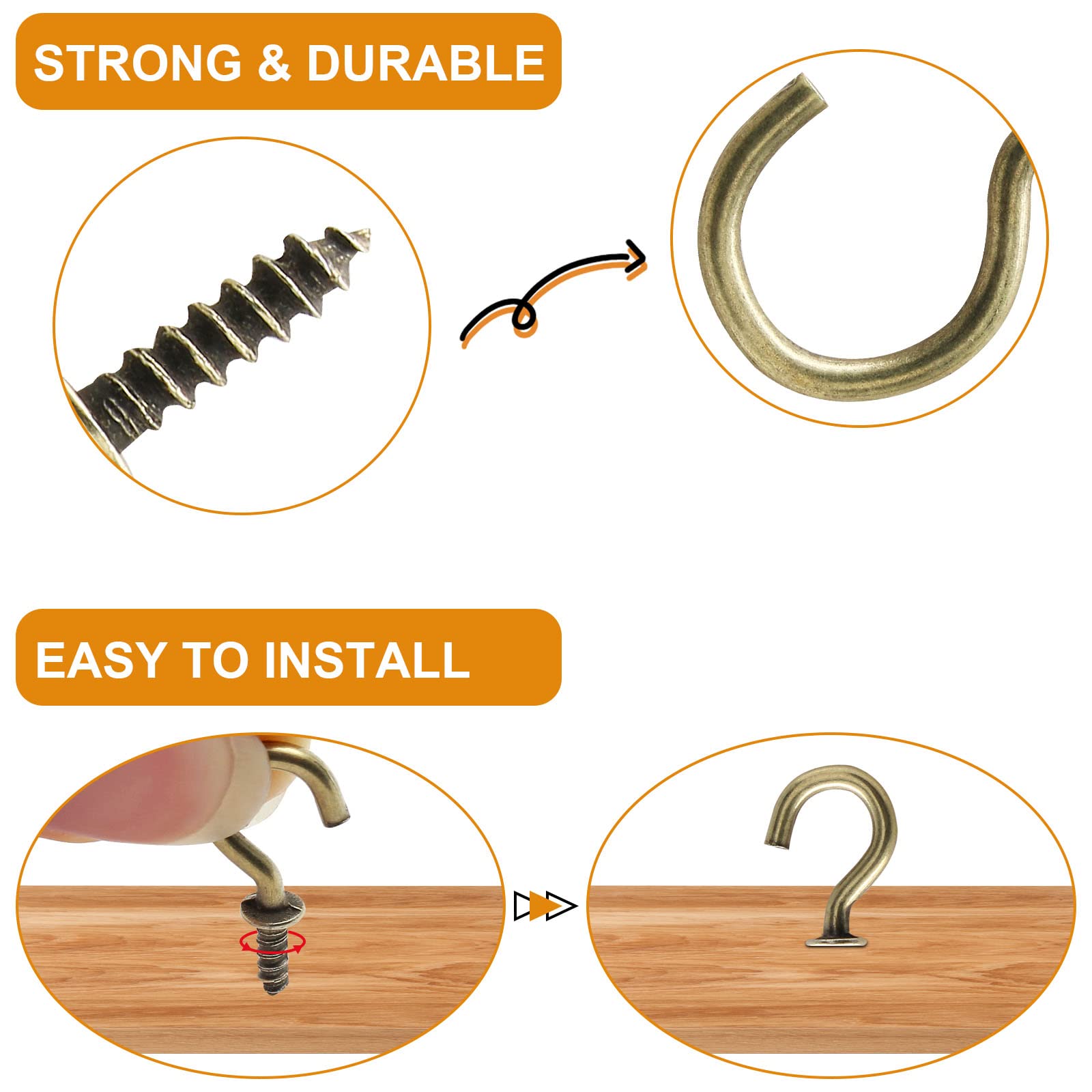 60 Pcs 1 Inch Bronze Ceiling Cup Hooks with Self-Tapping Screws - Heavy Duty Hanging Hooks for Plants, Lights & Home Decor