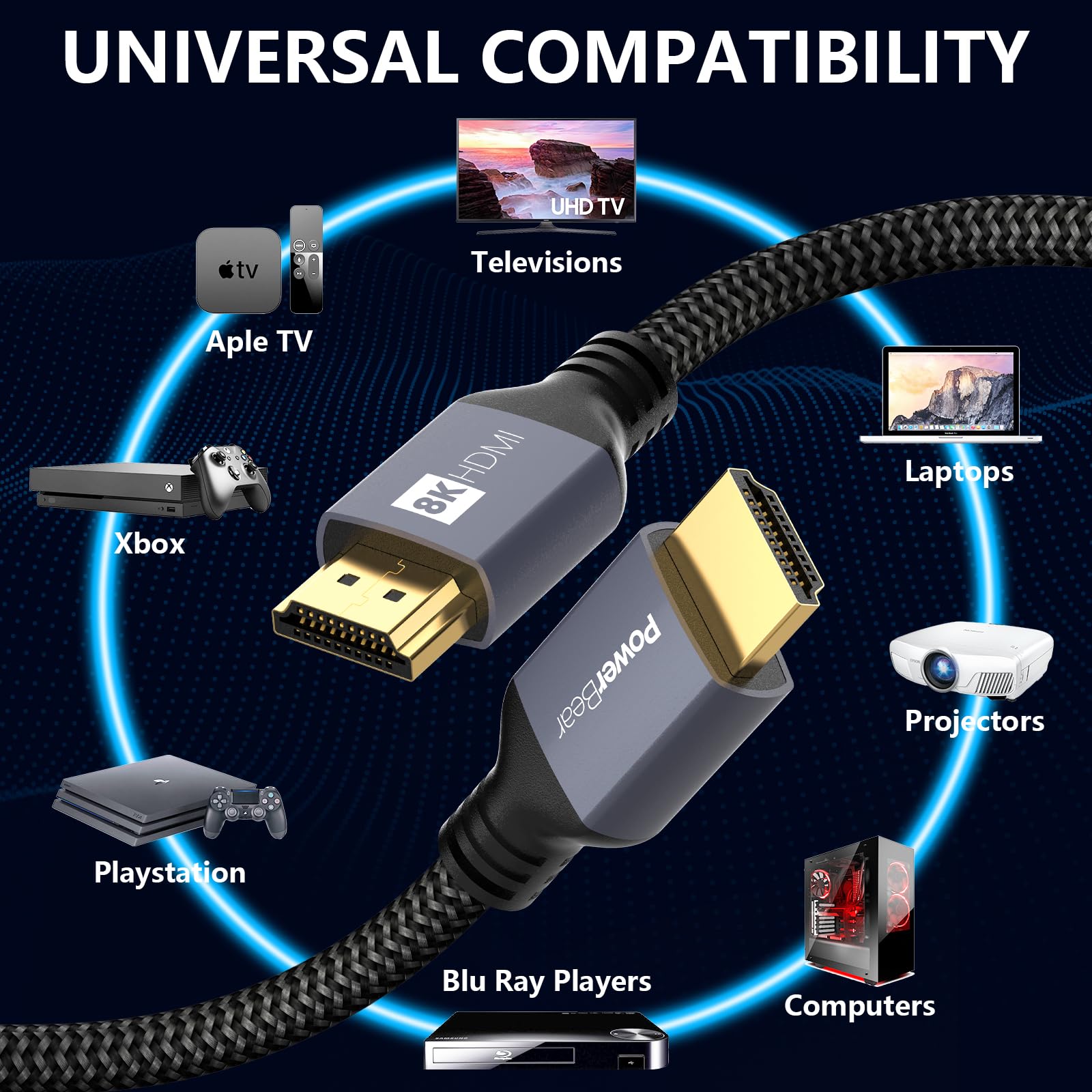 PowerBear 8K HDMI Cable 1.8M - Ultra High Speed 48Gbps HDMI 2.1 Cord with 8K@60Hz, 4K@120Hz, HDR, eARC, CL3 Rated - Perfect for Gaming, Home Theater, PS5, Xbox Series X, Apple TV, Fire TV, Laptop & Monitor