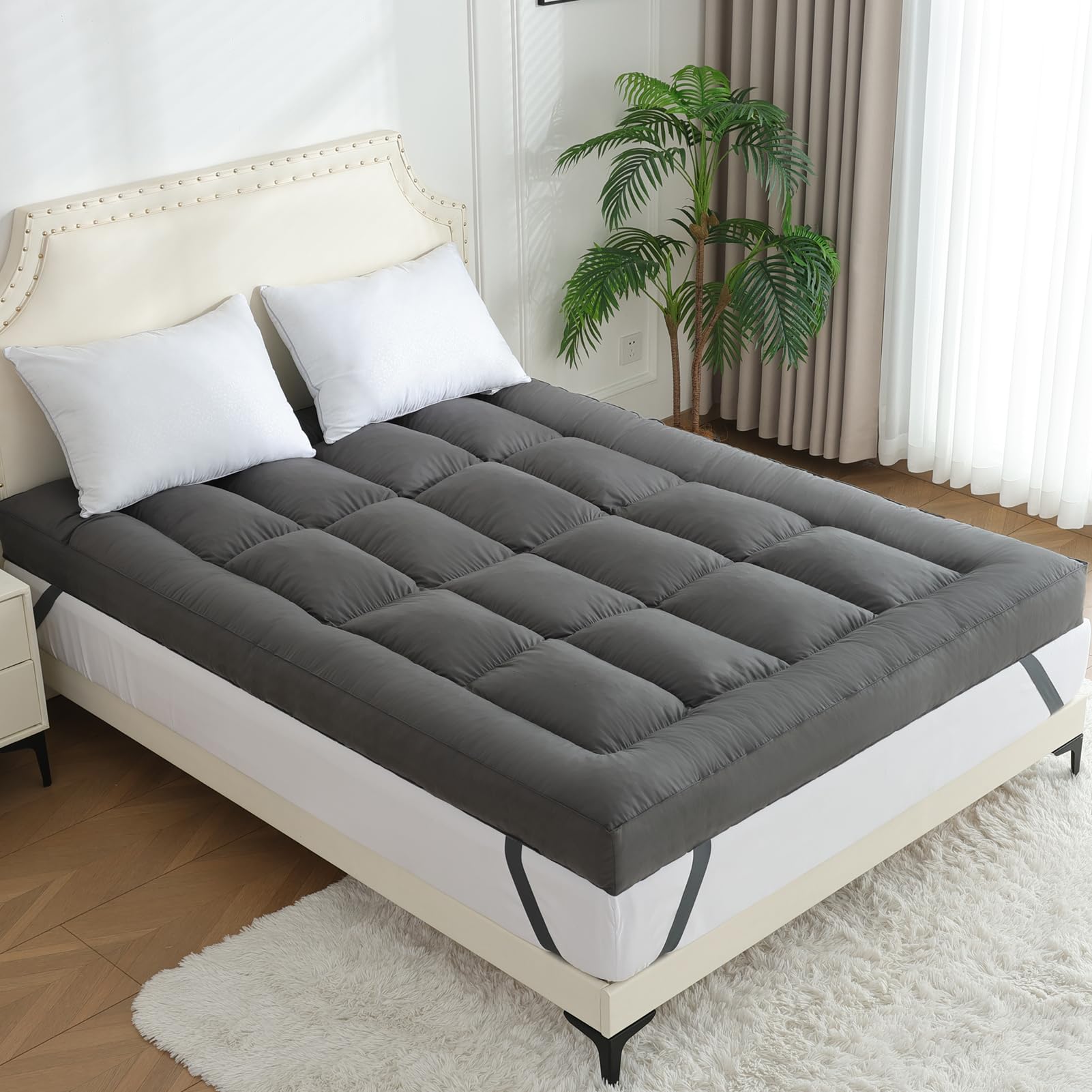 5 Inch Queen Size Mattress Topper with 4 Layer Goose Feather & Shredded Foam Filling - 100% Cotton Cover, CertiPUR-US Certified, Grey (60x80) - Perfect for Back Pain Relief & Luxurious Hotel-Style Comfort
