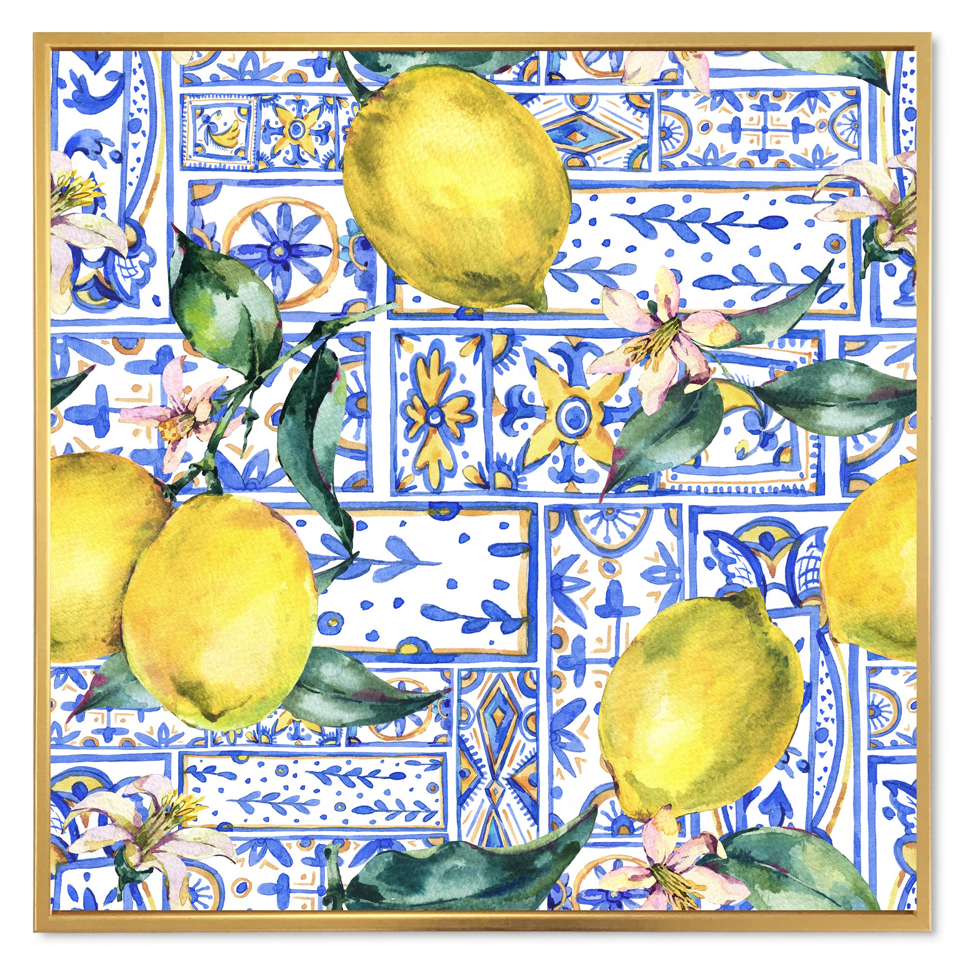 DesignQ Lemon Ornament on Blue Geometric Pattern I - Tropical Framed Canvas Wall Art Print for Home & Office Decor | Modern Kitchen & Living Room Wall Decor
