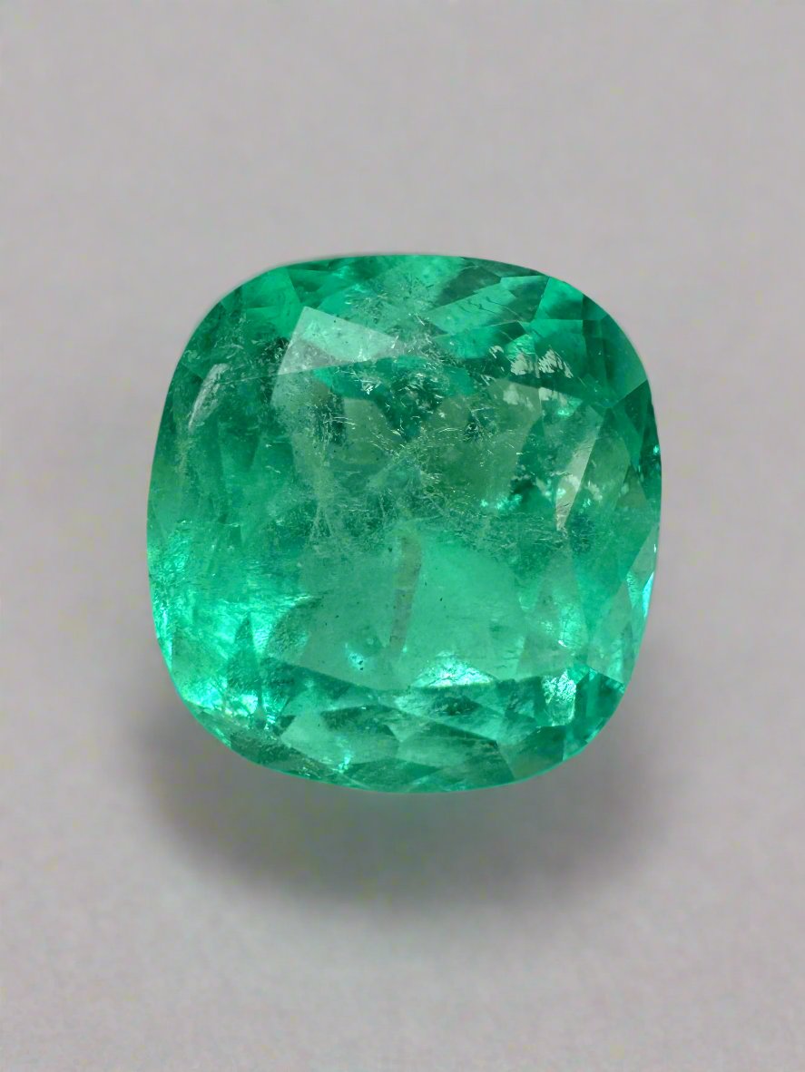 7.28 Carat 12x11.5mm Medium Bluish Green Natural Loose Colombian Emerald Gemstone - Cushion Cut for Jewelry Making, Engagement Rings & Collector's Pieces