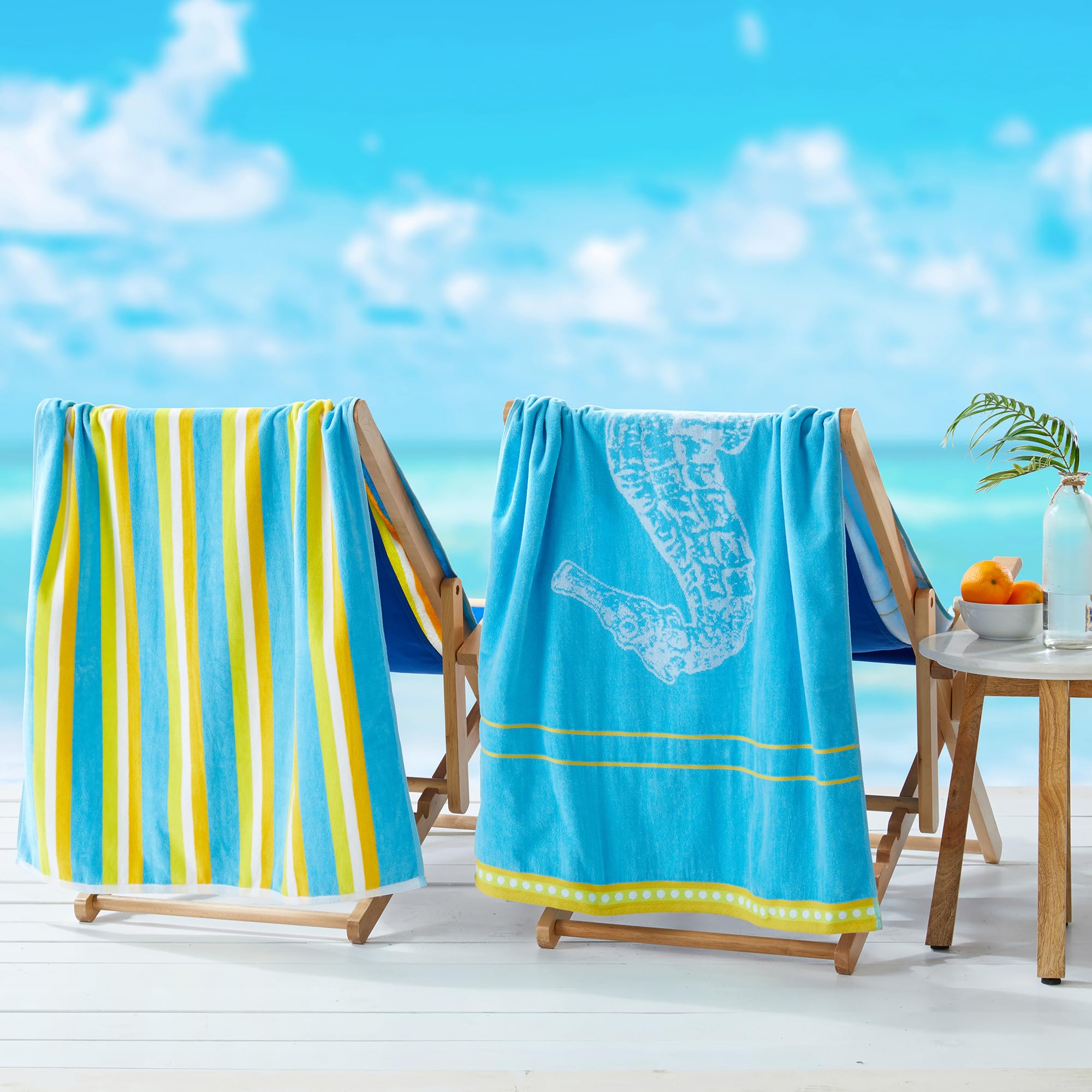 Great Bay Home 100% Cotton Beach Towels - 2 Pack 30x60 Inch Quick Dry & Absorbent Pool Towels for Adults & Kids (Seahorse Blue/Yellow) | Perfect for Swimming, Beach Trips & Summer Vacations