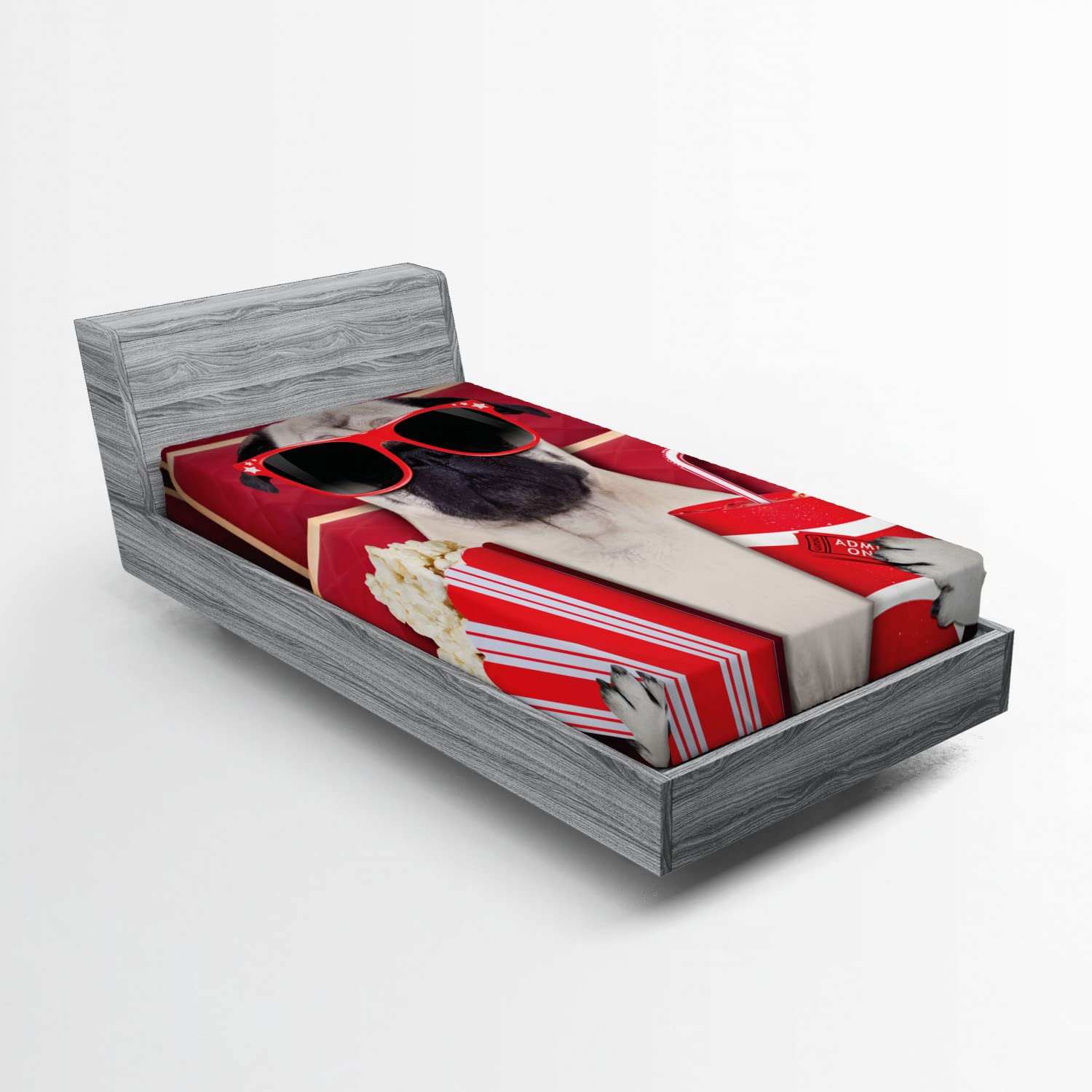 Ambesonne Pug Fitted Sheet - Funny Dog Movie Theme - Twin XL Size for Cozy Bedding