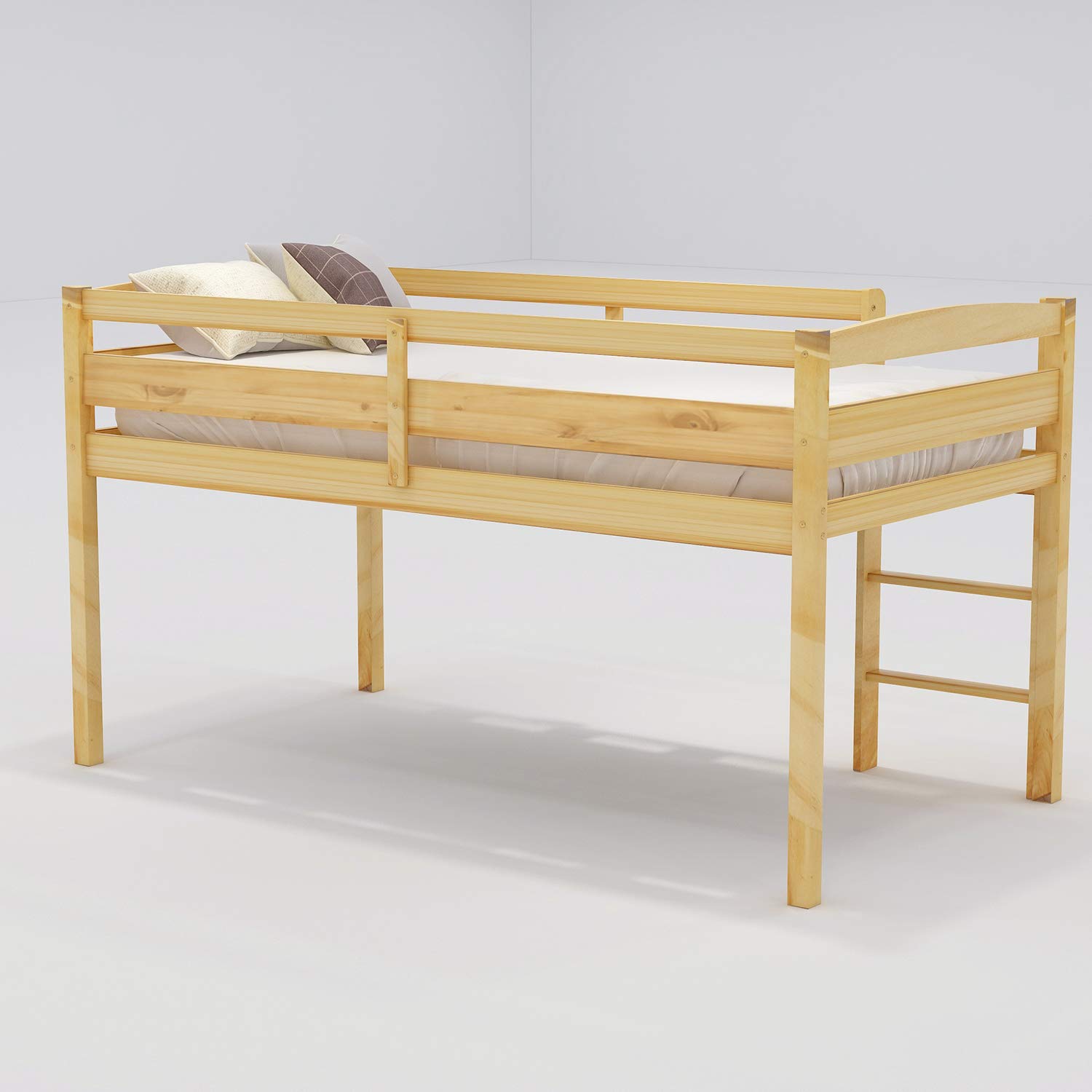 **Low Loft Twin Wood Bed with Ladder & Guardrails for Kids - Sturdy & Safe, No Box Spring Needed (Natural) - Perfect for Small Rooms, Dorms & Play Areas**