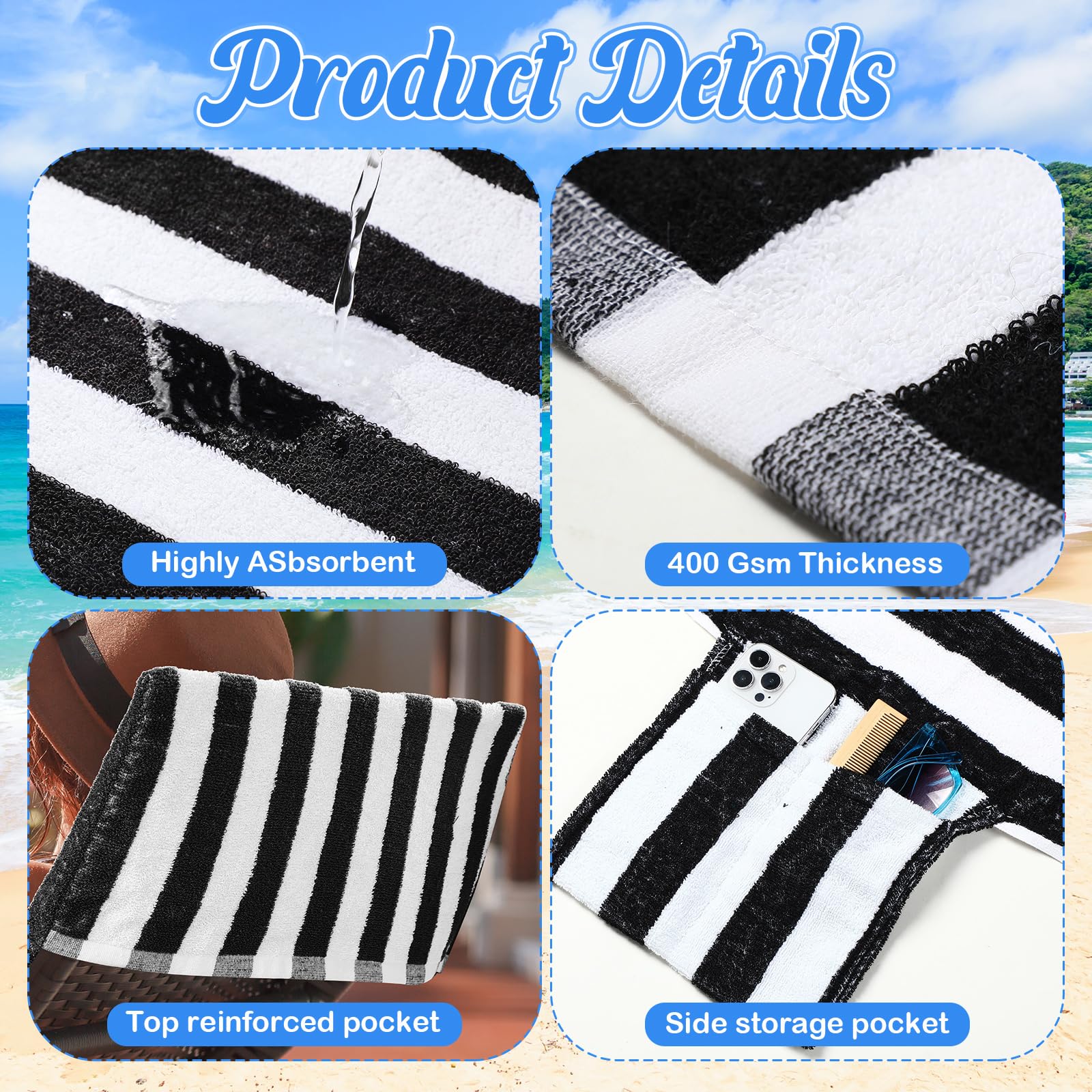 6-Pack Black Striped Pool Lounge Chair Covers 30
