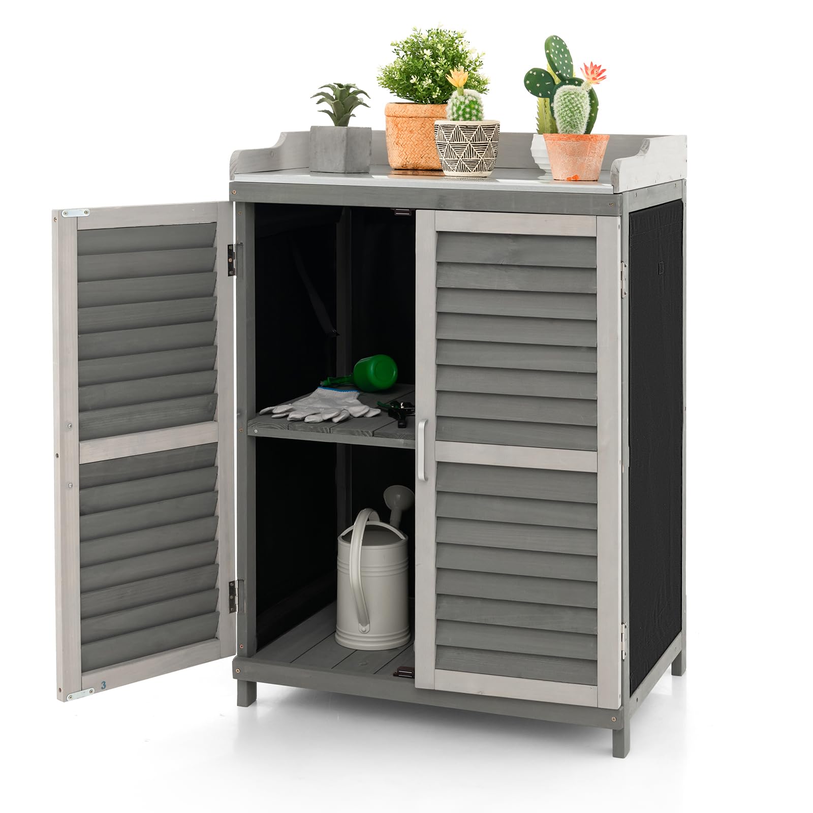 **AFSTAR Outdoor Potting Bench with Metal Tabletop & 2 Storage Shelves – Waterproof Garden Tool Shed, Wooden Potting Table for Patio & Backyard – Grey | Perfect for Gardening, DIY Projects & Outdoor Storage**