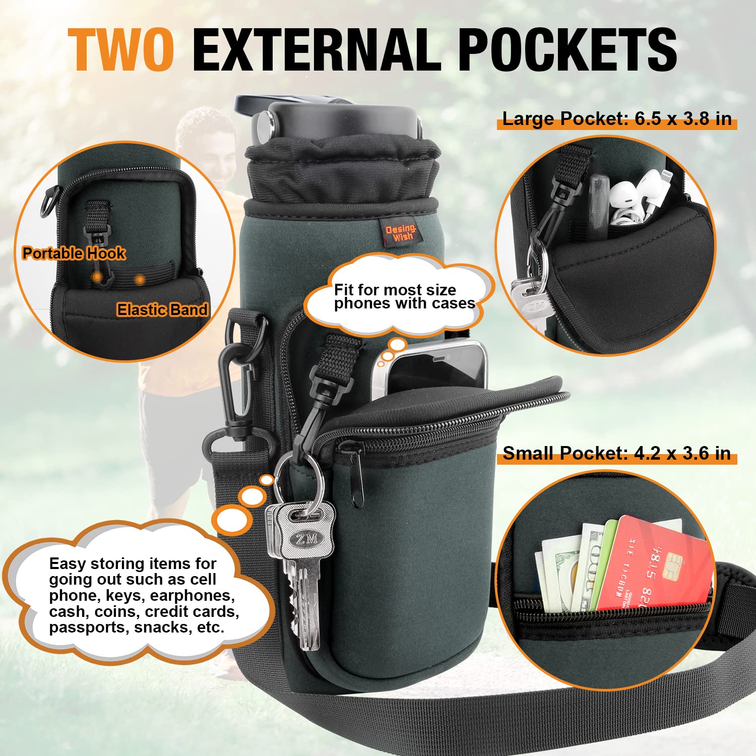 Bike Water Bottle Holder with 2 Pockets & Shoulder Strap - Universal Bottle Cage for Mountain Bikes, Walking Strollers, Scooters - Perfect for Cycling, Hiking & Outdoor Sports