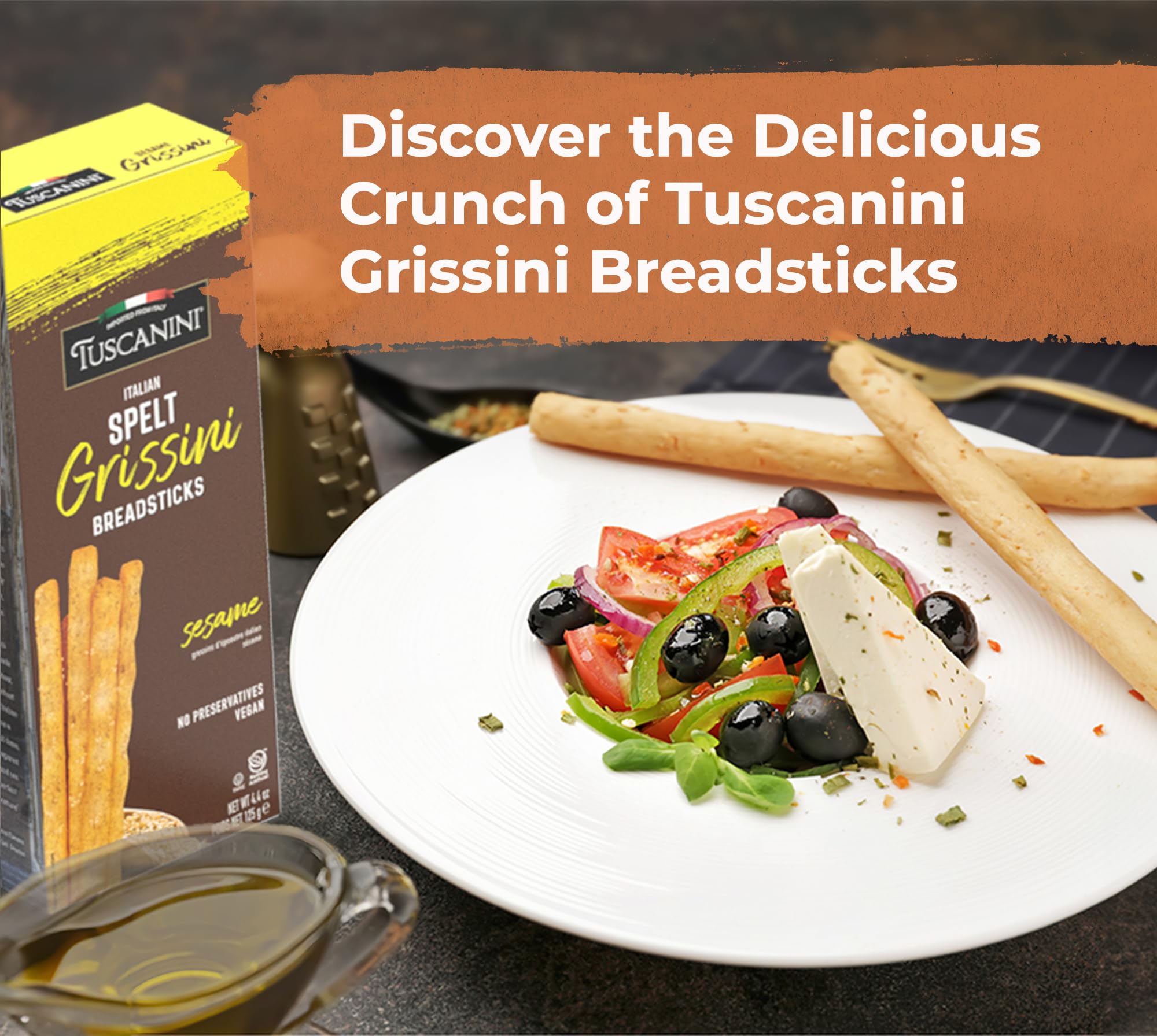 Tuscanini Italian Sesame Grissini Breadsticks, 4.4oz (2 Pack) - Traditional Thin & Crispy Italian Bread Sticks | Made with Spelt Flour | Perfect for Appetizers, Cheese Platters & Wine Pairing