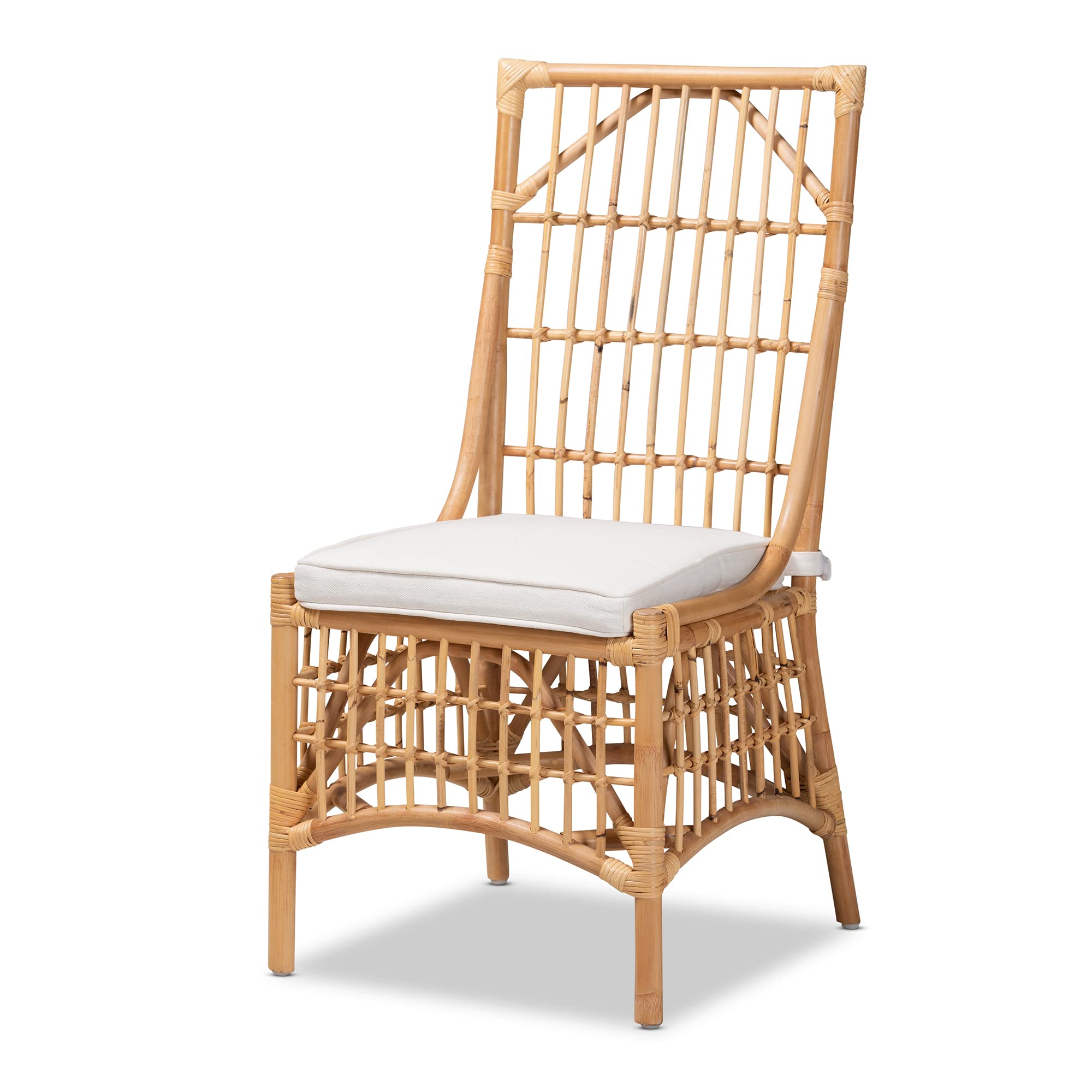 Baxton Studio Rose Dining Chair - White Fabric Upholstered with Natural Brown Rattan - Modern Farmhouse Dining Room Chair for Kitchen, Breakfast Nook, and Outdoor Patio