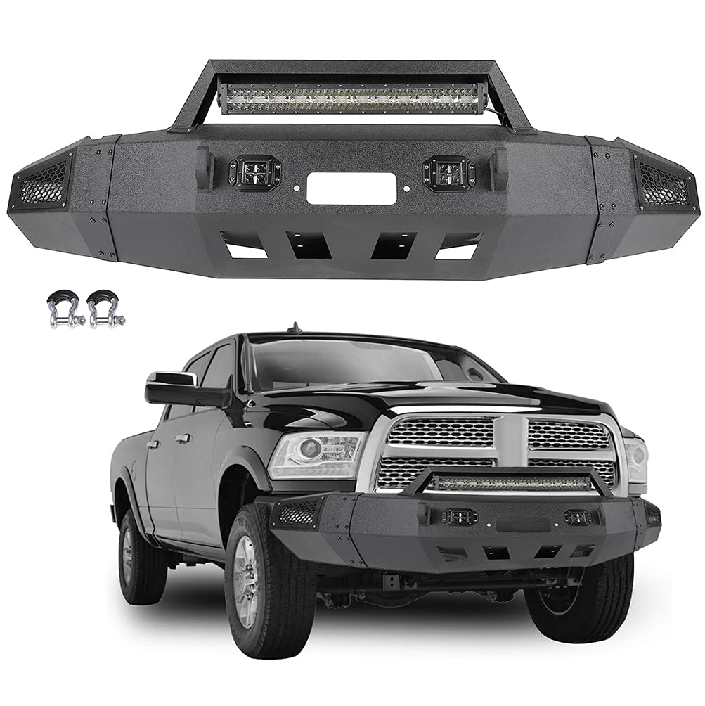 ROADFAR Heavy Duty Front Bumper with Winch Plate & D-Ring & LED Lights for 2010-2018 Dodge Ram 2500 3500 - Off-Road Protection & Truck Accessories for Adventure & Towing