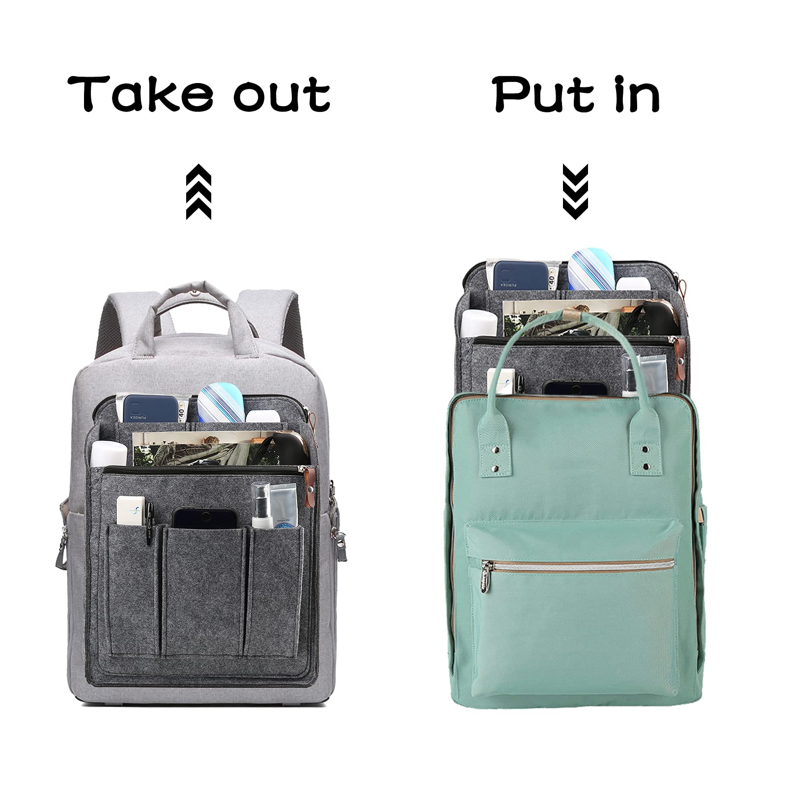 Surblue Felt Backpack Organizer Insert - Large Capacity Zippered Liner with Dividers for Travel Rucksacks & Daypacks | Foldable Shoulder Bag Organizer for Men & Women (Grey, XL) | Perfect for Travel, Work, School & Daily Commute