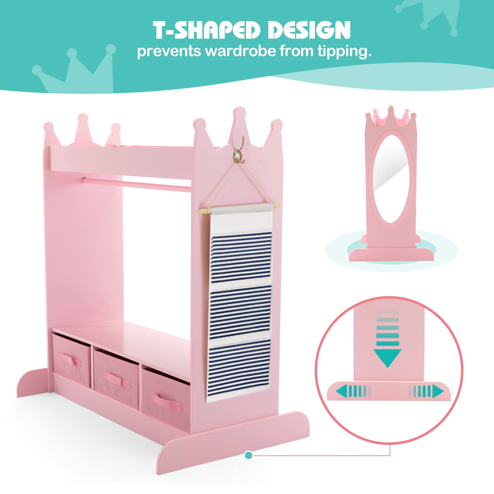 JOYLDIAS Kids Dress Up Storage Organizer with Mirror and 3 Drawers, Pink Playroom Wardrobe for Girls - Costume Closet with Side Pockets & Top Shelf | Perfect for Bedroom, Nursery & Pretend Play Areas