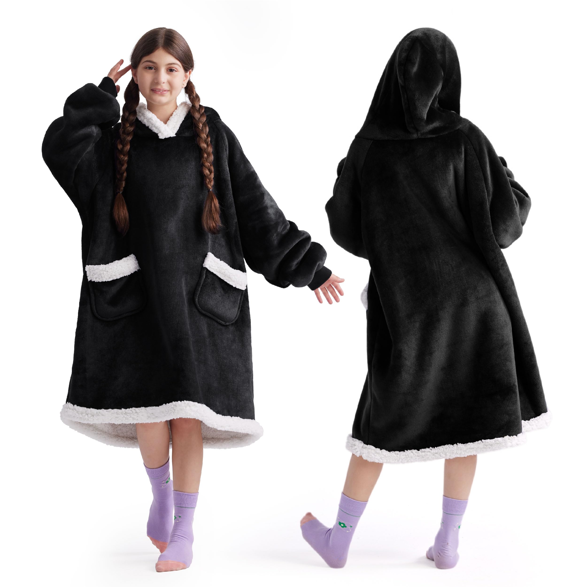 Bedsure Wearable Blanket Hoodie for Adults & Kids - Soft Fleece Sherpa Blanket with Sleeves - Perfect Birthday Gift for Women, Men, Mom - Mothers Day Gift Idea - Black & Kids Sizes - Cozy for Movie Nights, Camping & Lounge Wear
