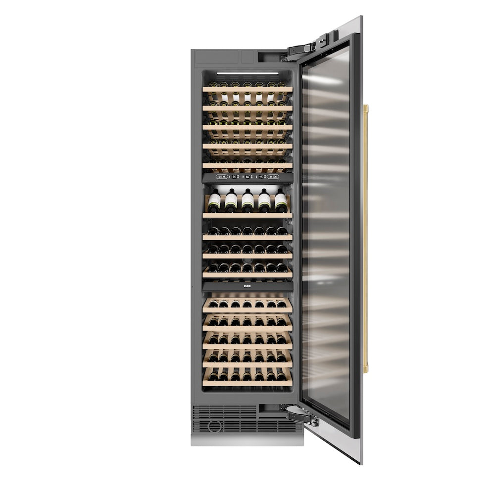 ZLINE Autograph Edition 24 Inch 12.4 Cu Ft Triple Zone 100 Bottle Stainless Steel Wine Cooler with Polished Gold Accents - Perfect for Home Bars, Wine Cellars & Entertaining (RCWVZ 304 24 G)