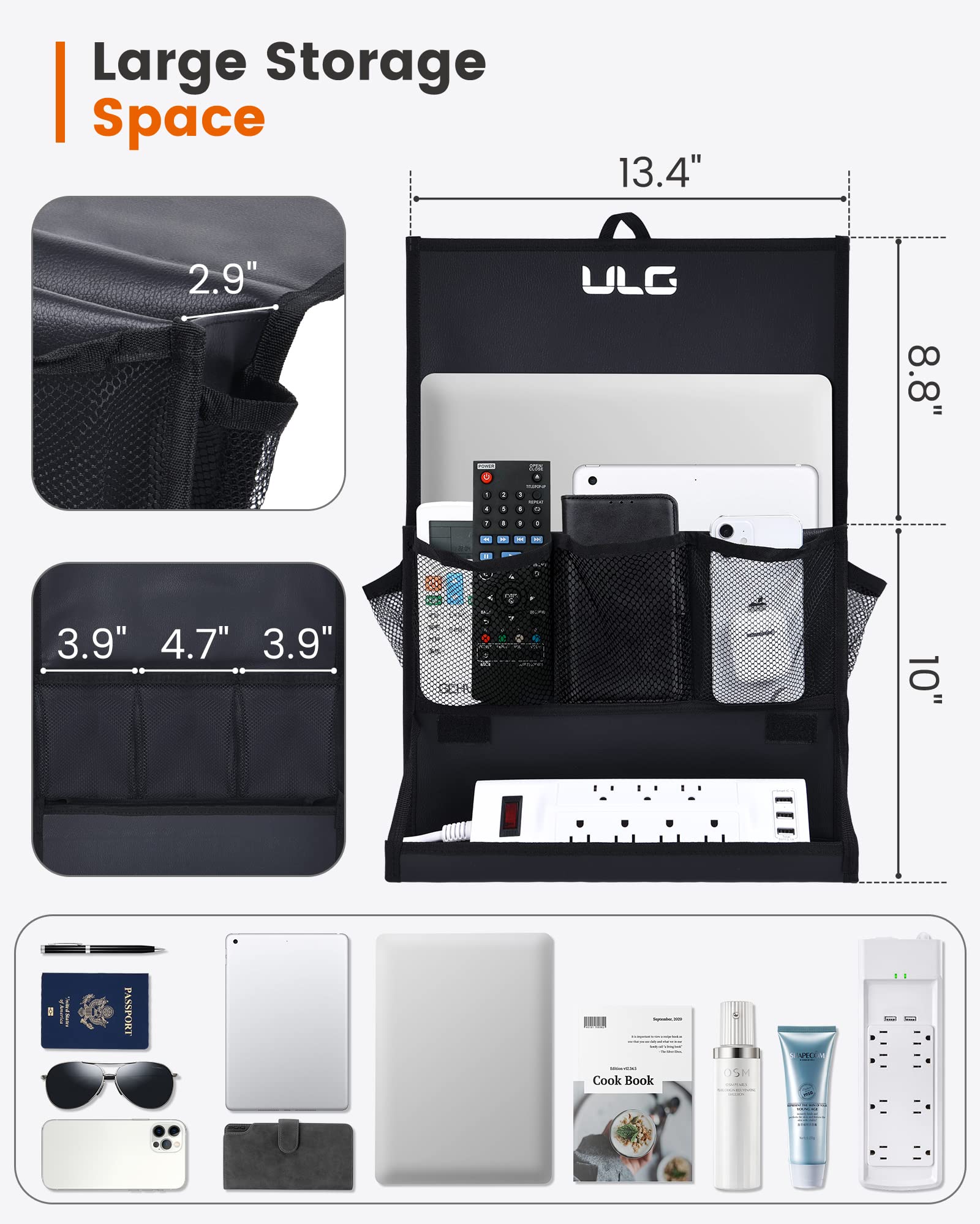 ULG Bedside Caddy - Hanging Bedside Organizer with Power Strip Holder & 6 Pockets, Multifunctional Storage for Remotes, Magazines, Phones, Tablets (Black) - Perfect for Bedroom, Dorm, Nursing Home & Small Space Organization