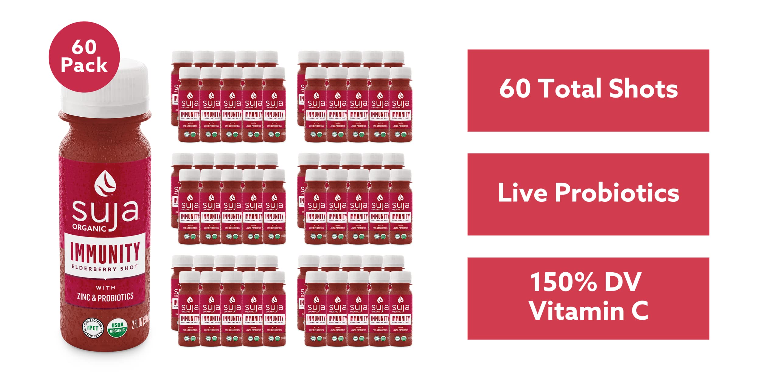 Suja Organic Immunity Elderberry Shot (60 Pack) with Turmeric and Ginger | Immune System Booster | Cold-Pressed Juice with Live Probiotics | Plant-Based, Gluten-Free Functional Shots | Great for Daily Wellness, Travel & Immune Support