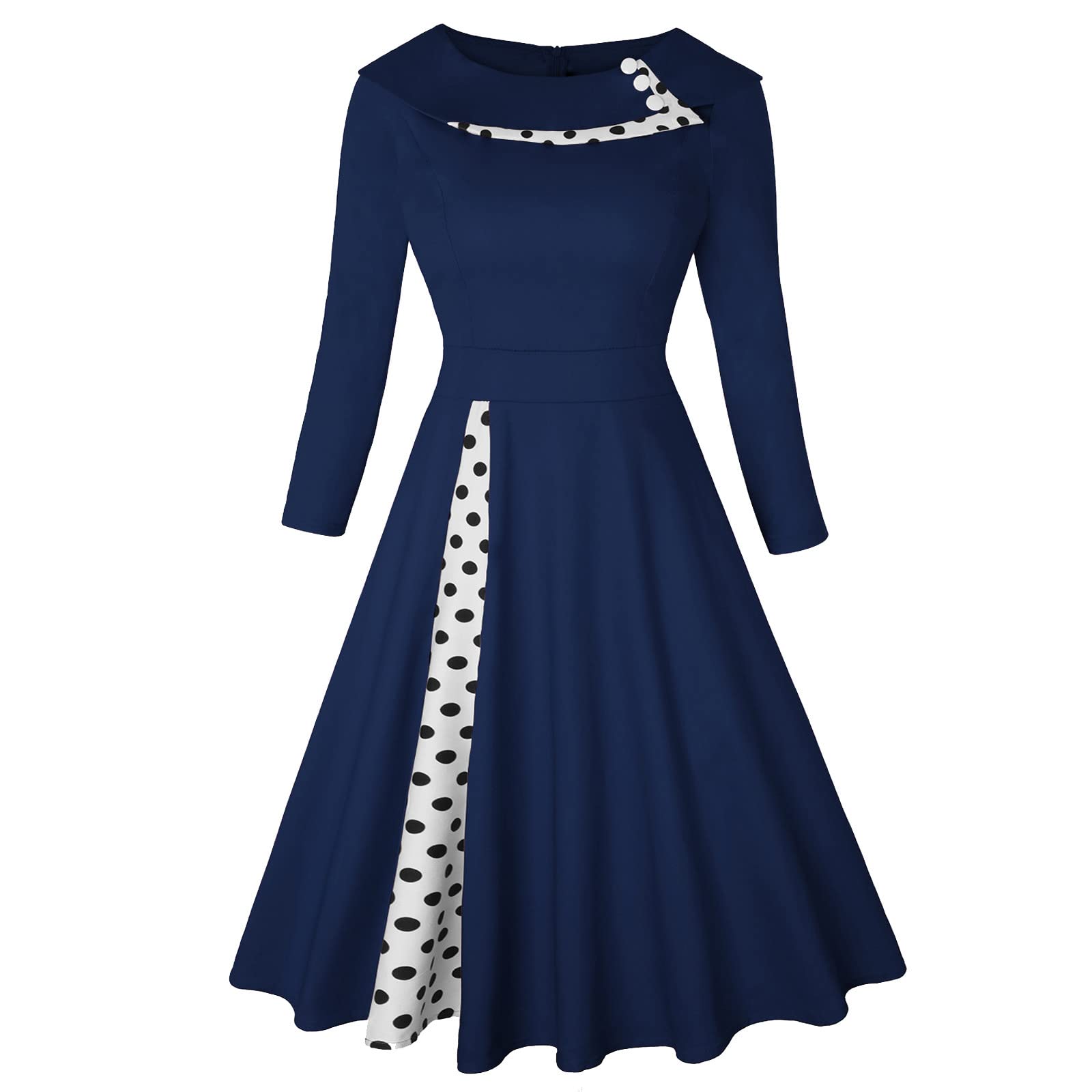 Women's Casual Round Neck Patchwork Midi Dress with Polka Dot Print & Ruffle Details - A-Line Sleeve Dress for Spring/Summer 2024 - Perfect for Office, Date Night & Special Occasions