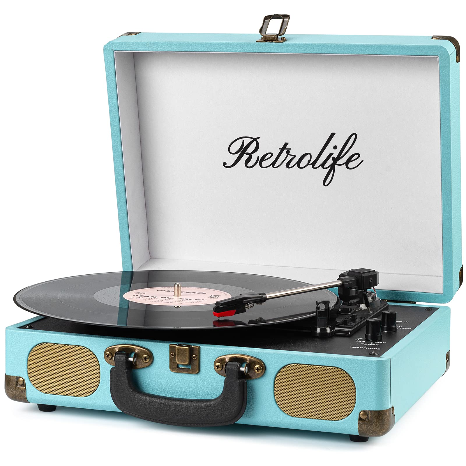 3-Speed Wireless Portable Vinyl Record Player with Built-in Speakers, RCA Line Out & AUX Input - Vintage Suitcase Turntable for Home, Office & Travel - Belt-Driven System with Headphone Jack (Blue)