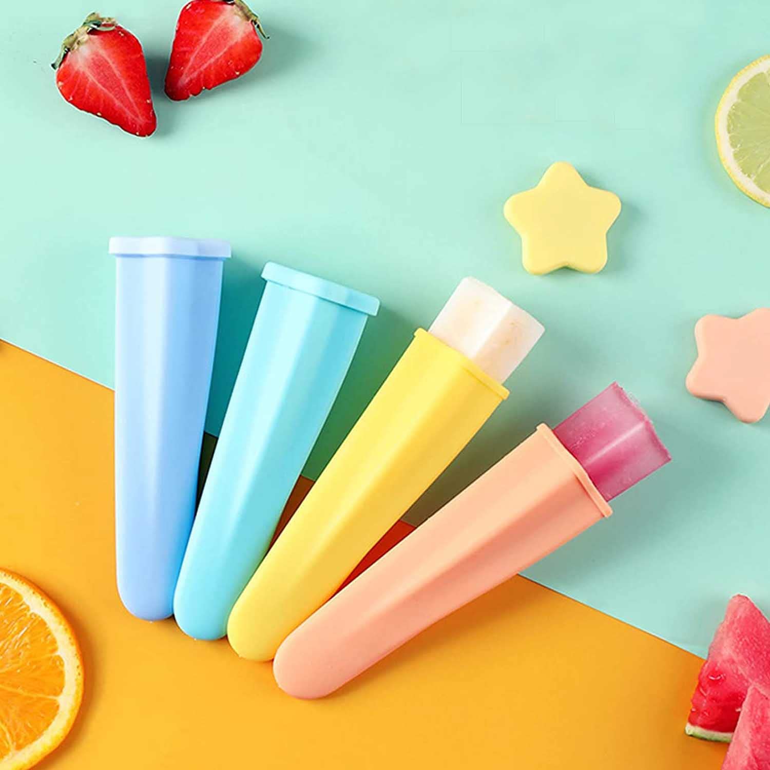 JANGOU 4Pcs Reusable Silicone Popsicle Molds with Lids - DIY Ice Pop Maker for Homemade Frozen Treats, Yogurt Sticks & Jelly - BPA-Free, Multi-Colored Baby Popsicle Molds for Kids & Family Fun (Perfect for Summer Snacks, Parties & Healthy Desserts)
