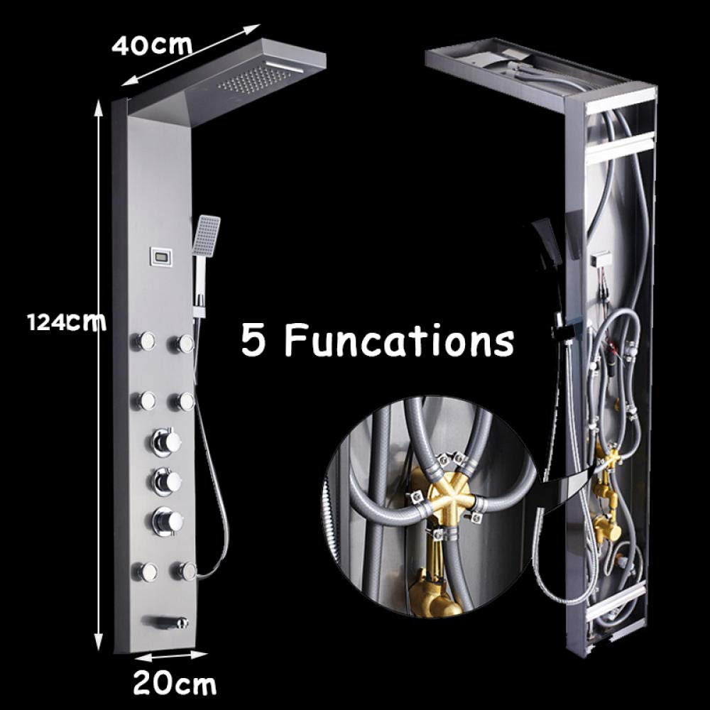 Black Thermostatic Shower Panel with Rain Shower Column, 6 Massage Jets & Hand Shower - Waterfall Tub Spout for Luxurious Bathroom Upgrade | Perfect for Master Bath, Spa-Like Experience & Modern Home Renovation