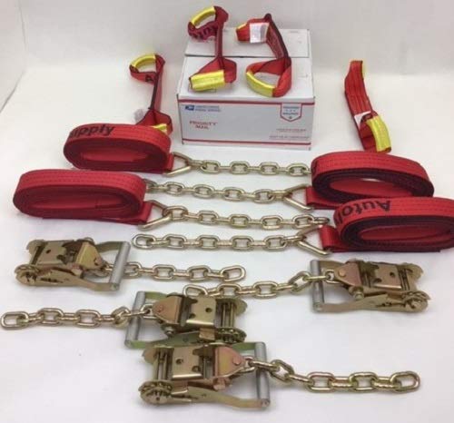 8-Point TECNIC Webbing 12-Piece Rollback Wrecker Soft Tie Strap System with Chain Tails - Heavy Duty Car Tie Down Straps (Red) - Perfect for Towing, Recovery, and Vehicle Transport