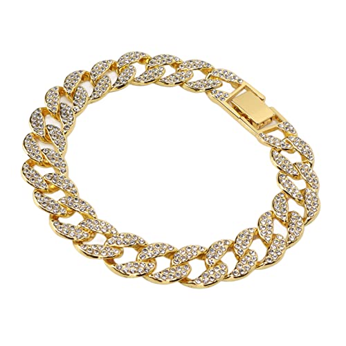15mm Gold Plated Cuban Link Bracelet for Men - Diamond Studded Curb Chain Bracelet & Anklet | Hip Hop Jewelry for Boys, Gift for Him | Perfect for Parties, Gifting & Everyday Wear