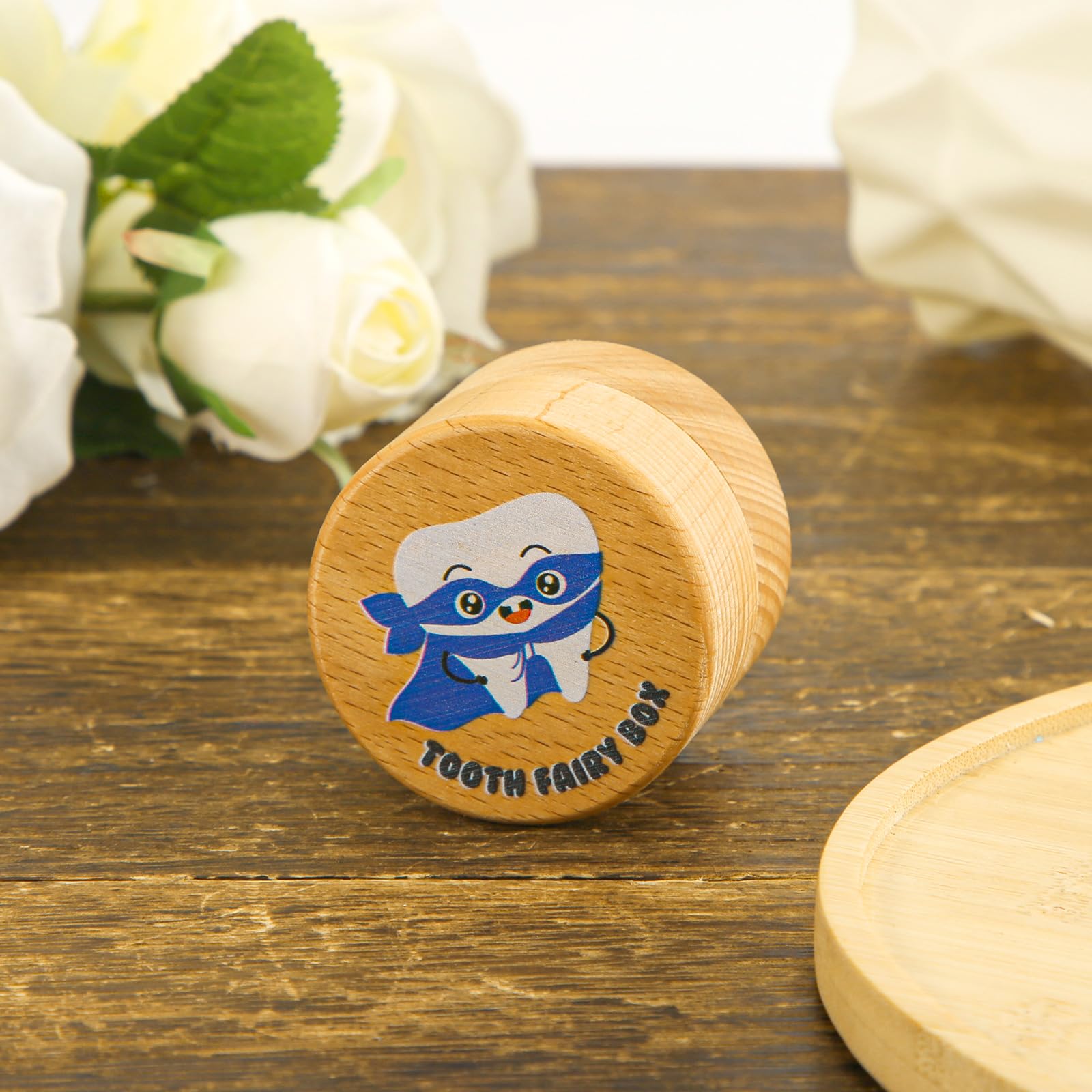 Tooth Fairy Box with Drawstring Storage Bag - Cute Wooden Keepsake Box for First Lost Teeth, Cartoon Tooth Holder for Under Pillow - Perfect Birthday Gift for Girls & Boys (Mask Included) | Great for Tooth Fairy Traditions, Baby's First Tooth Memory & Special Occasion Gifts