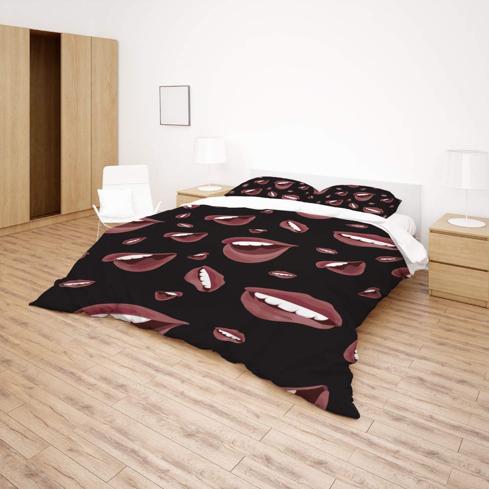 3-Piece Sexy Lips Printed Duvet Cover Set with Pillow Shams - Soft Breathable Cotton Farmhouse Bedding for All Seasons | Perfect for Master Bedroom, Guest Room & Hotel Resort Decor