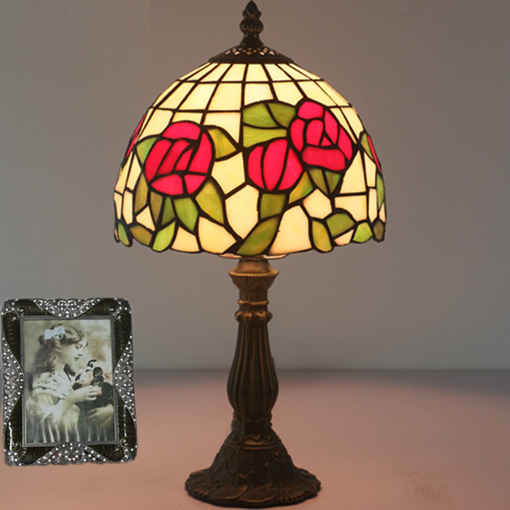 Mini Red Rose Green Leaves Tiffany Style 8 Inch Stained Glass Table Lamp - Elegant Desk & Reading Light for Living Room, Bedroom, Bedside, Wedding Decor | Perfect for Romantic Ambiance, Home Office & Gift Giving