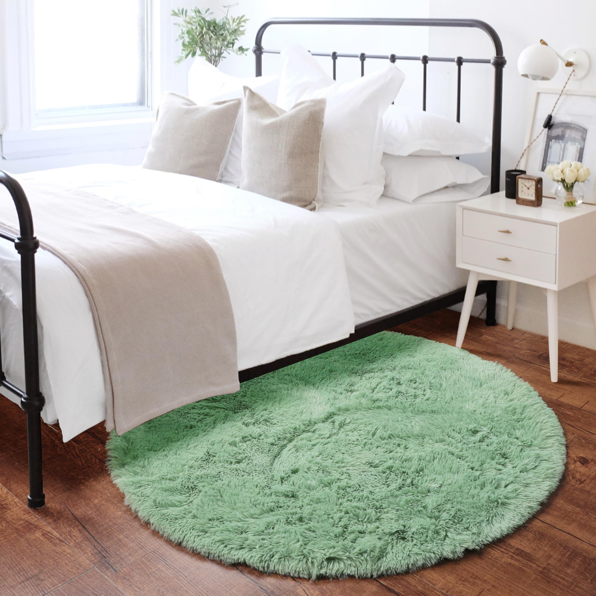 ONASAR 4ft Sage Green Round Area Rug - Soft Plush Shaggy Circle Carpet for Kids Bedroom, Nursery, Playroom & Living Room Decor | Cozy Floor Mat for Princess Castle Theme, Teen Girls Room & Home Decor